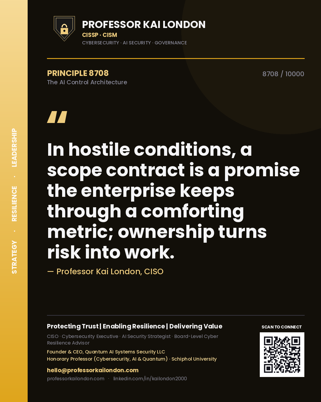 Quote card by Professor Kai London reading 'In hostile conditions, a scope contract is a promise the enterprise keeps through a comforting metric; ownership turns risk into work.'. From the book The AI Control Architecture.