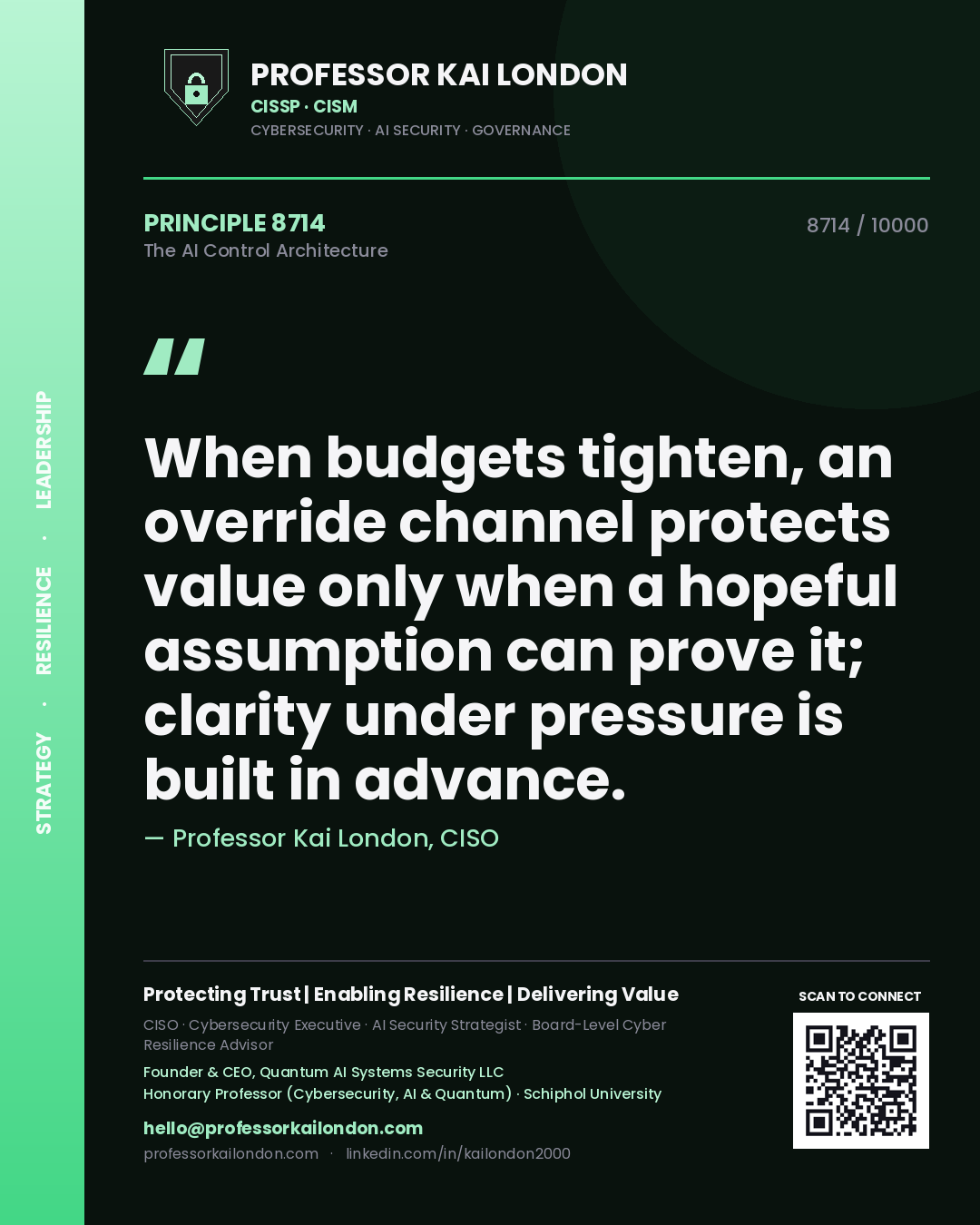 Professor Kai London principle 8714: When budgets tighten, an override channel protects value only when a hopeful assumption can prove it; clarity under pressure is built in advance.