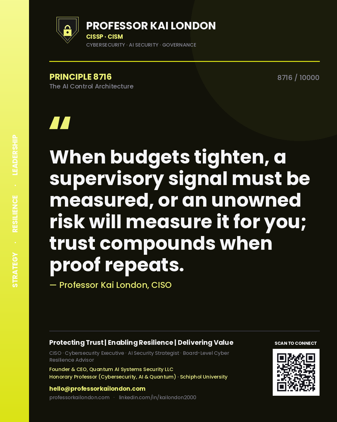 Quote card by Professor Kai London reading 'When budgets tighten, a supervisory signal must be measured, or an unowned risk will measure it for you; trust compounds when proof repeats.'. From the book The AI Control Architecture.