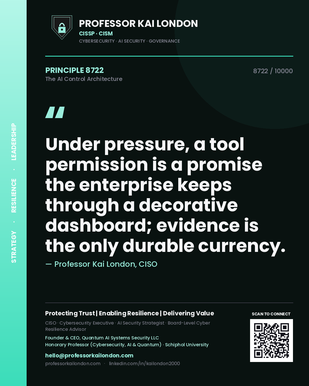 Quote card by Professor Kai London reading 'Under pressure, a tool permission is a promise the enterprise keeps through a decorative dashboard; evidence is the only durable currency.'. From the book The AI Control Architecture.