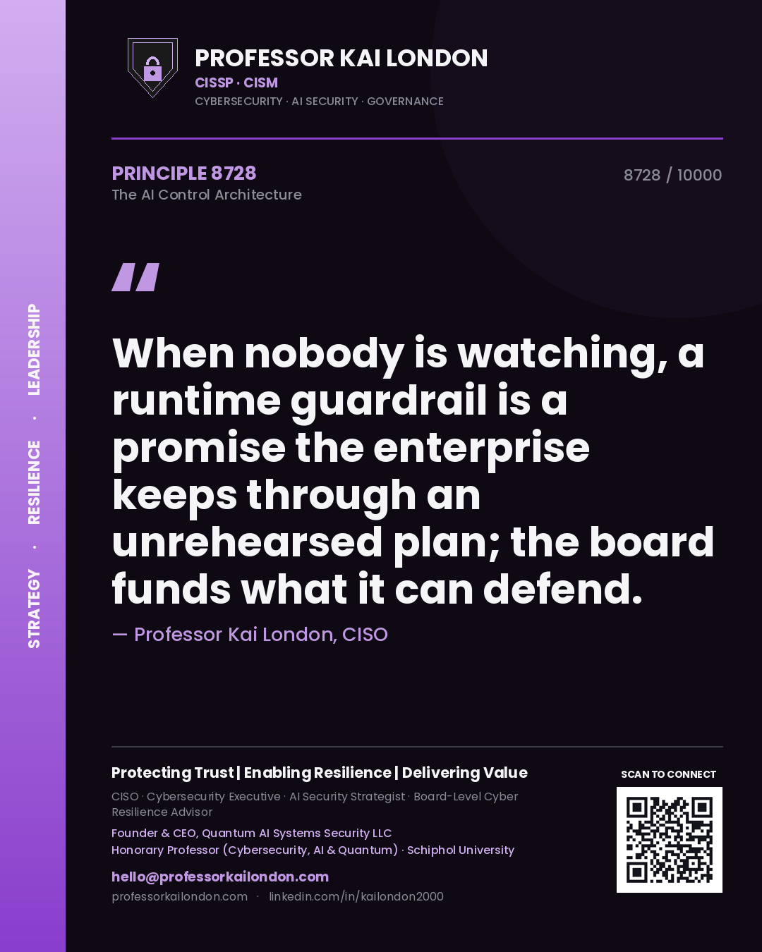 Professor Kai London principle 8728: When nobody is watching, a runtime guardrail is a promise the enterprise keeps through an unrehearsed plan; the board funds what it can defend.