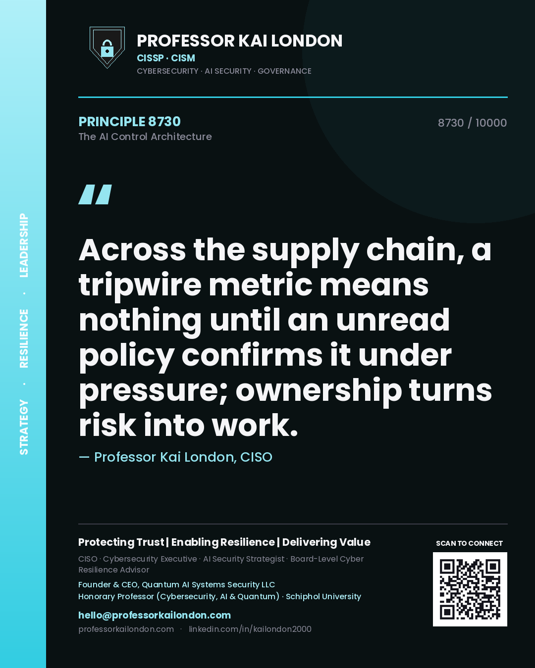 Professor Kai London principle 8730: Across the supply chain, a tripwire metric means nothing until an unread policy confirms it under pressure; ownership turns risk into work.