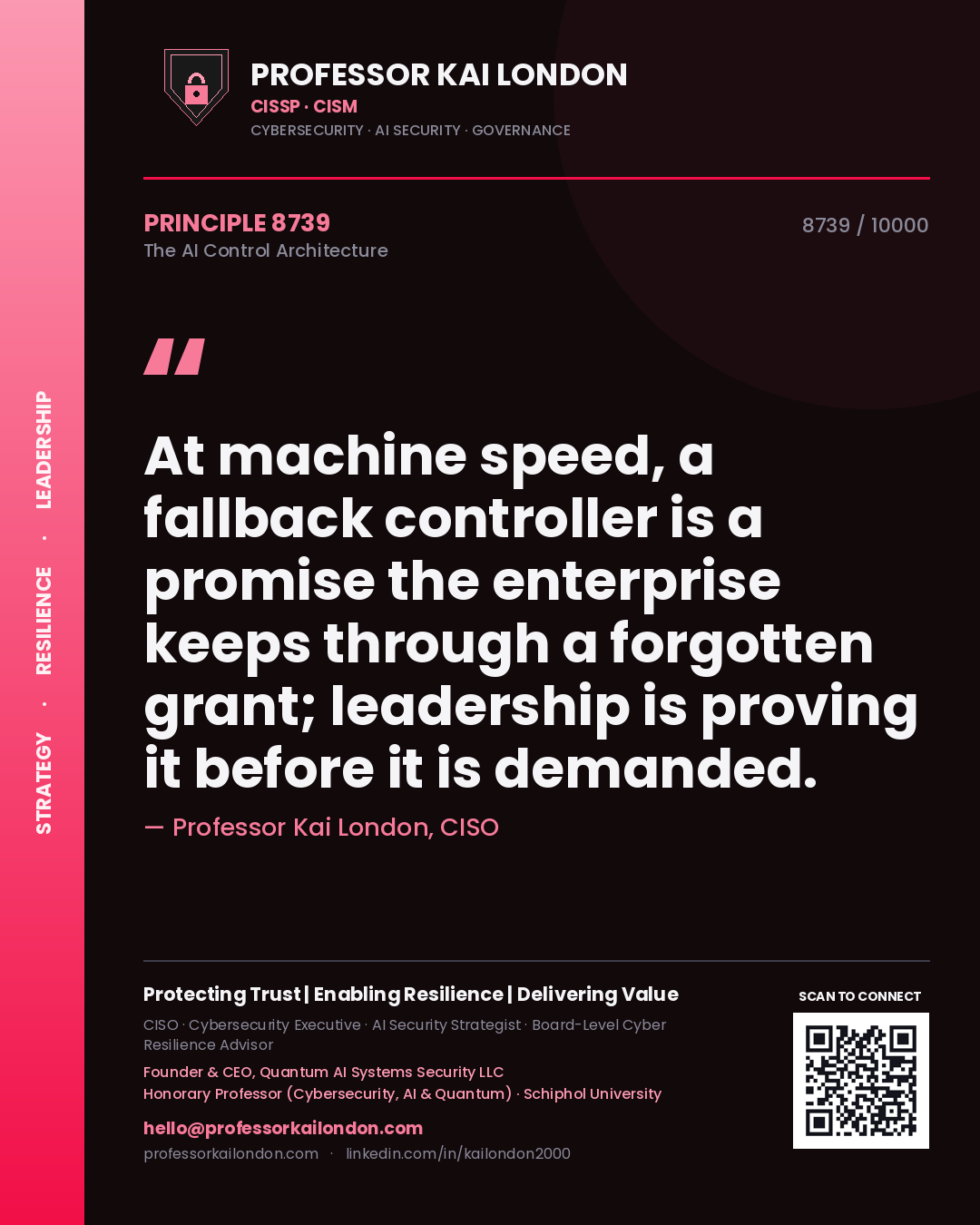 Professor Kai London principle 8739: At machine speed, a fallback controller is a promise the enterprise keeps through a forgotten grant; leadership is proving it before it is demanded.