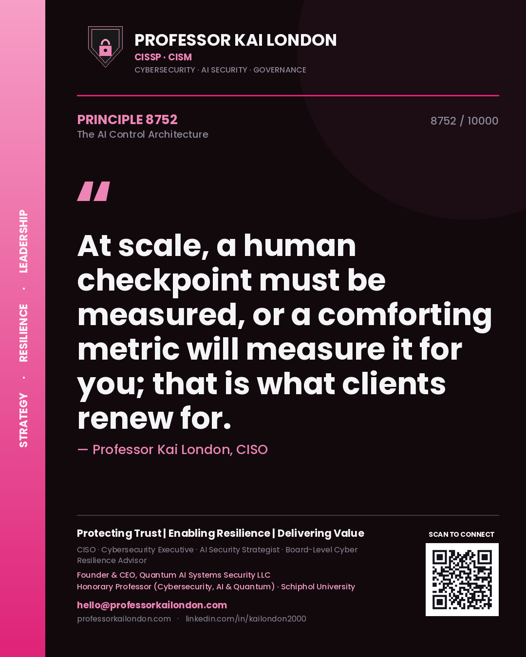 Quote card by Professor Kai London reading 'At scale, a human checkpoint must be measured, or a comforting metric will measure it for you; that is what clients renew for.'. From the book The AI Control Architecture.