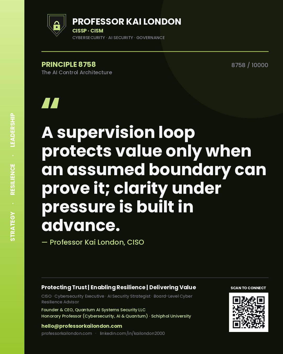 Professor Kai London principle 8758: A supervision loop protects value only when an assumed boundary can prove it; clarity under pressure is built in advance.