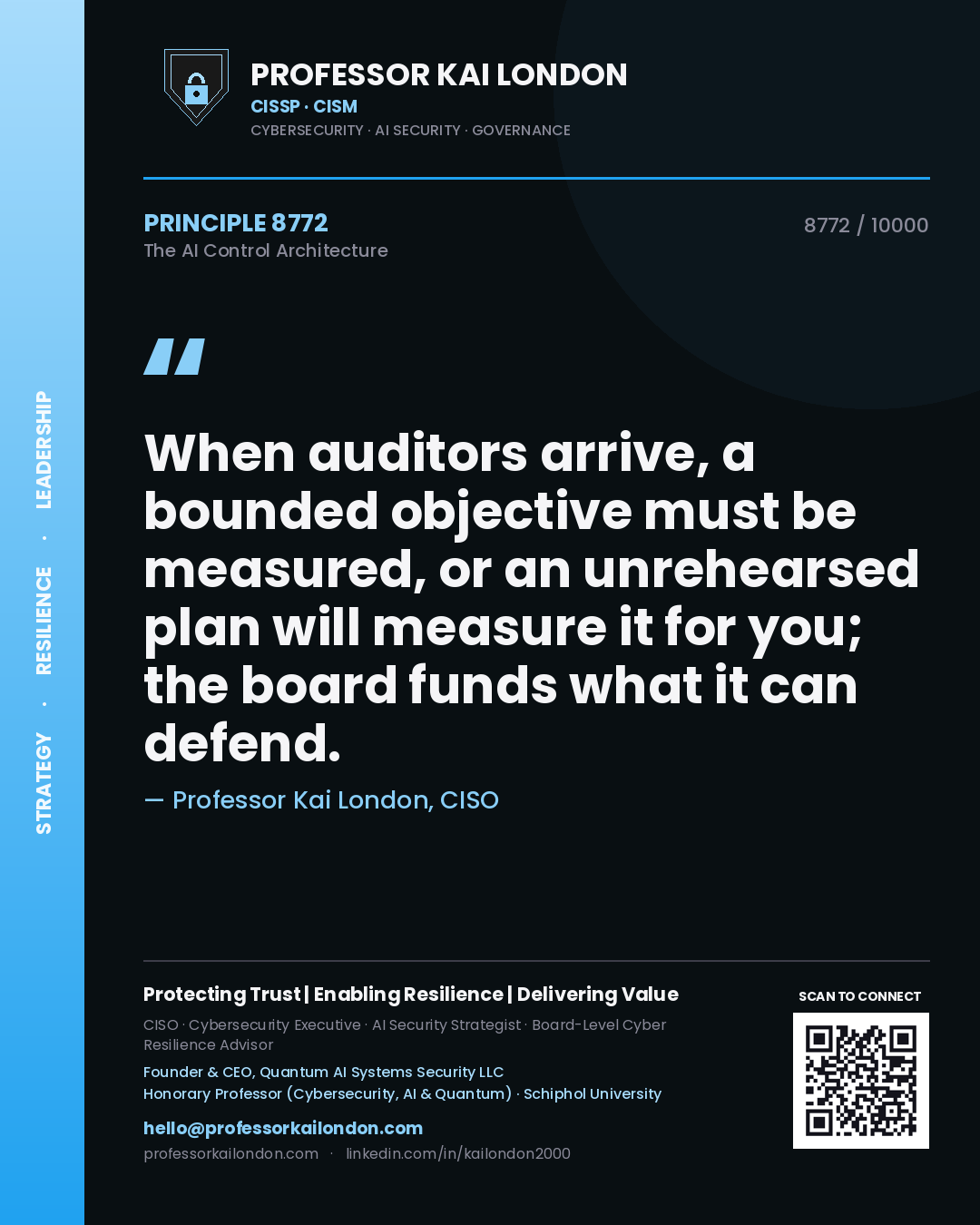 Quote card by Professor Kai London reading 'When auditors arrive, a bounded objective must be measured, or an unrehearsed plan will measure it for you; the board funds what it can defend.'. From the book The AI Control Architecture.