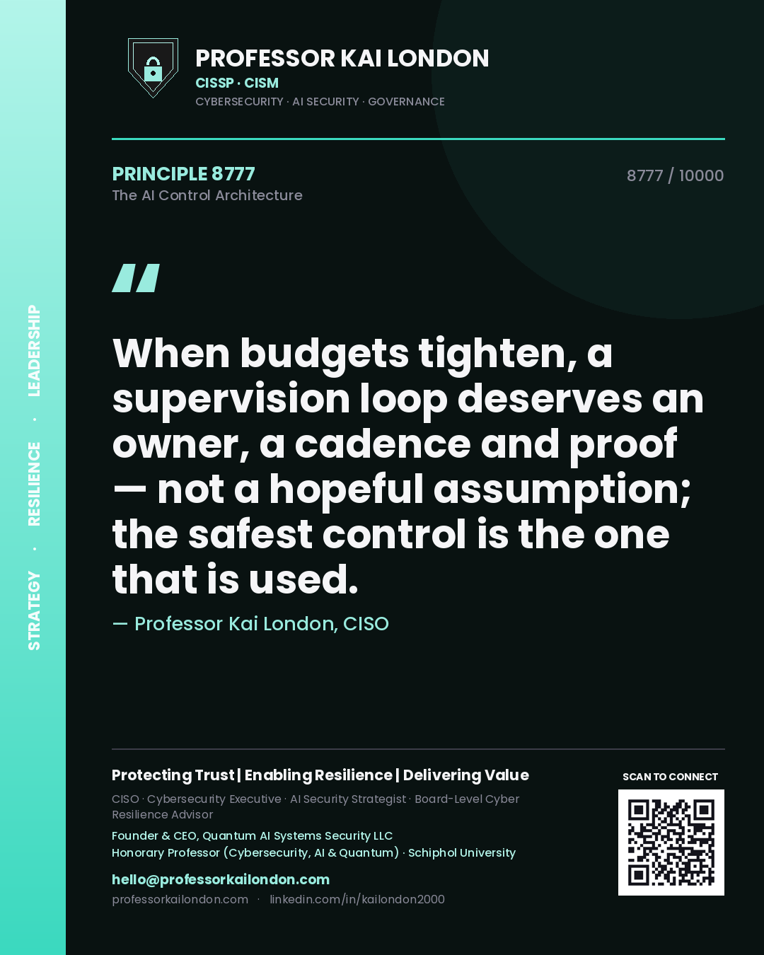Quote card by Professor Kai London reading 'When budgets tighten, a supervision loop deserves an owner, a cadence and proof — not a hopeful assumption; the safest control is the one that is used.'. From the book The AI Control Architecture.