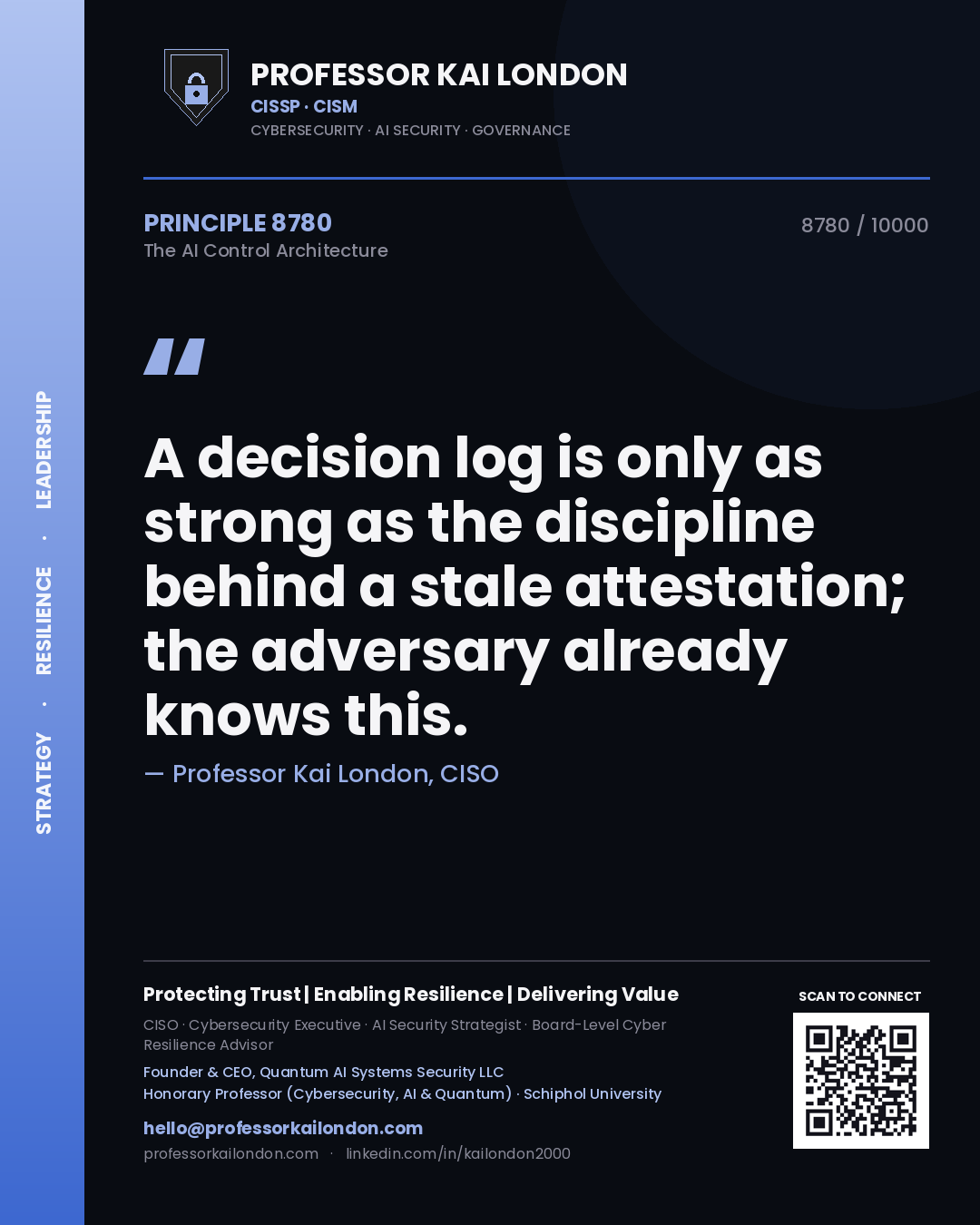 Professor Kai London principle 8780: A decision log is only as strong as the discipline behind a stale attestation; the adversary already knows this.