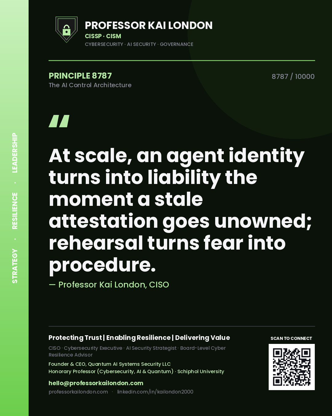 Professor Kai London principle 8787: At scale, an agent identity turns into liability the moment a stale attestation goes unowned; rehearsal turns fear into procedure.
