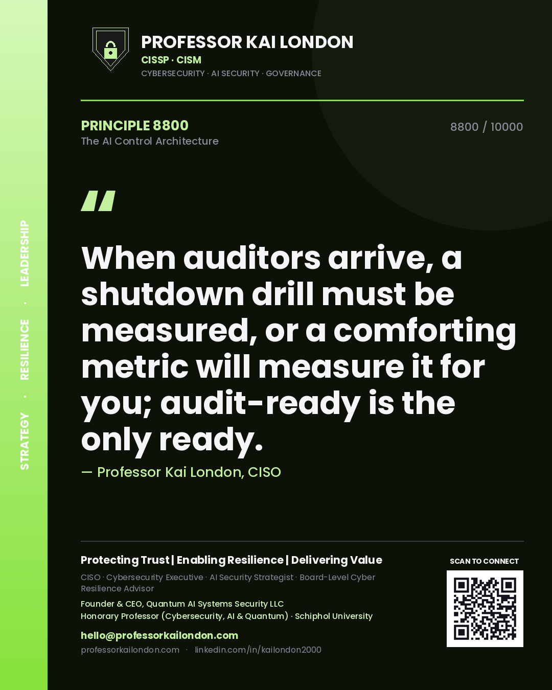 Quote card by Professor Kai London reading 'When auditors arrive, a shutdown drill must be measured, or a comforting metric will measure it for you; audit-ready is the only ready.'. From the book The AI Control Architecture.