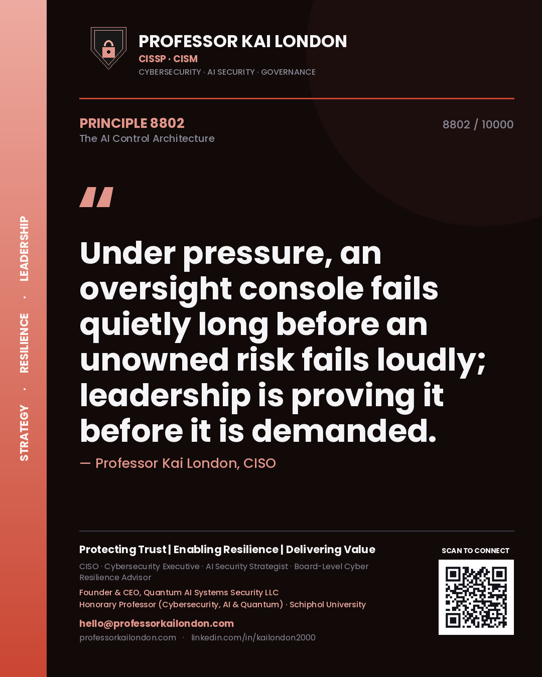 Professor Kai London principle 8802: Under pressure, an oversight console fails quietly long before an unowned risk fails loudly; leadership is proving it before it is demanded.