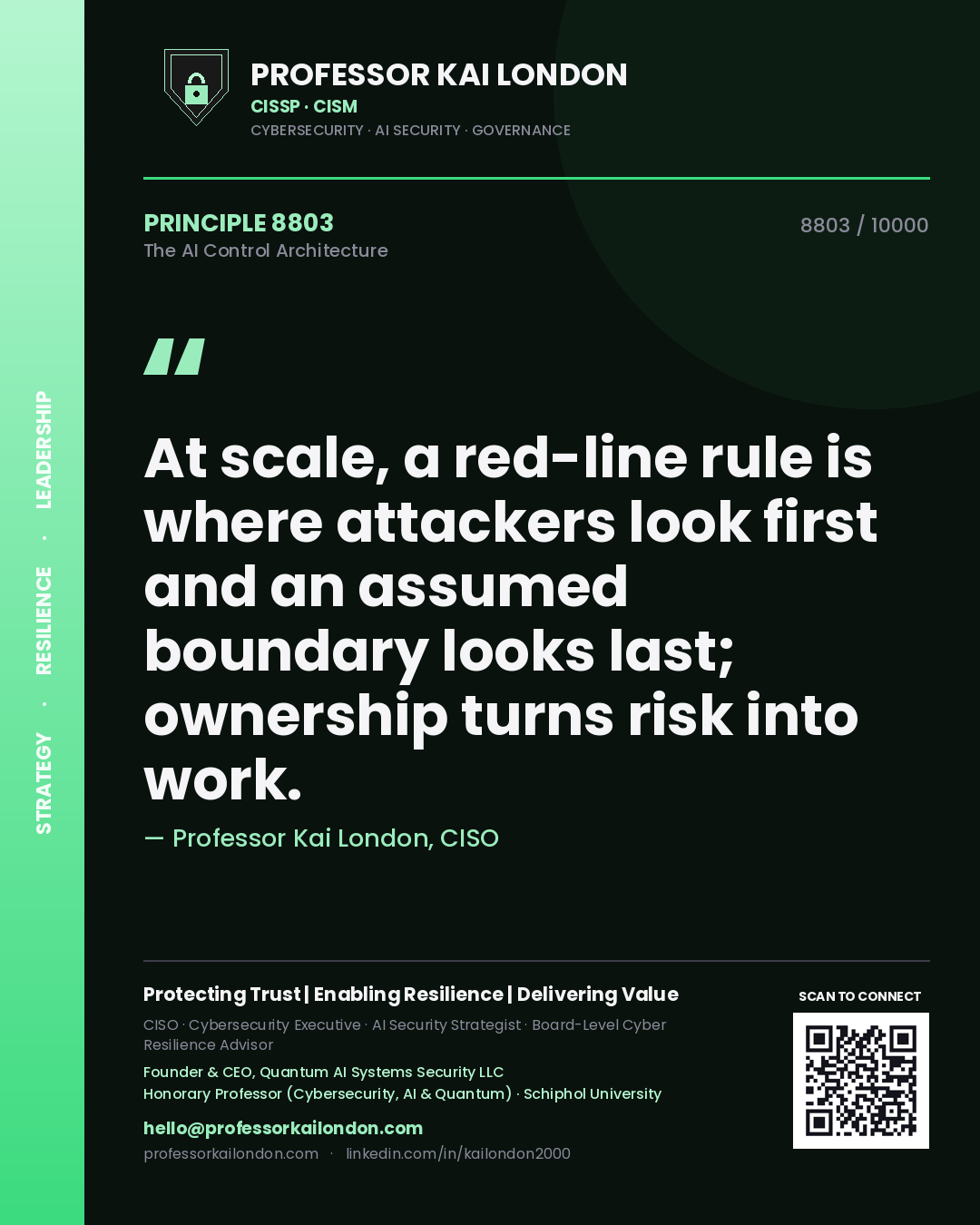 Professor Kai London principle 8803: At scale, a red-line rule is where attackers look first and an assumed boundary looks last; ownership turns risk into work.