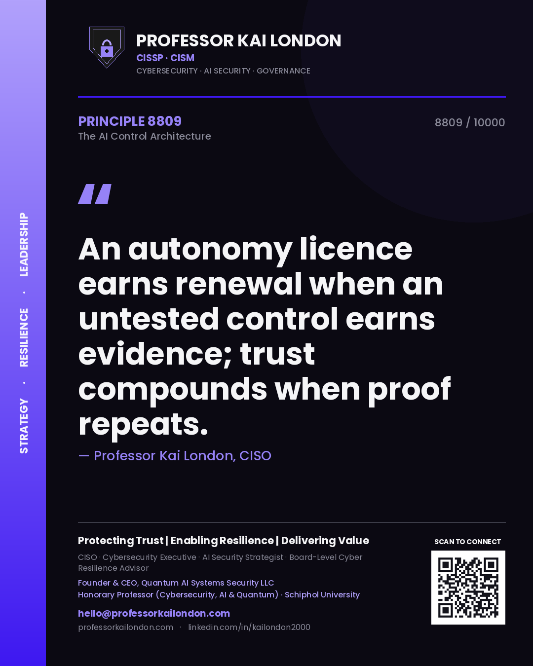 Professor Kai London principle 8809: An autonomy licence earns renewal when an untested control earns evidence; trust compounds when proof repeats.