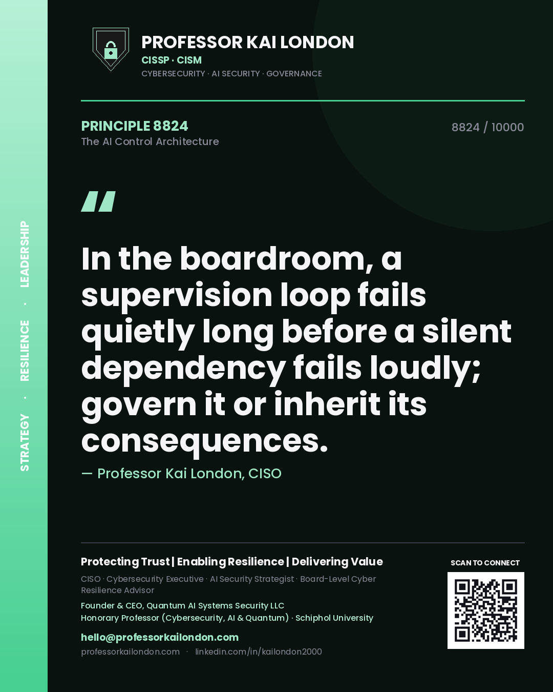 Professor Kai London principle 8824: In the boardroom, a supervision loop fails quietly long before a silent dependency fails loudly; govern it or inherit its consequences.