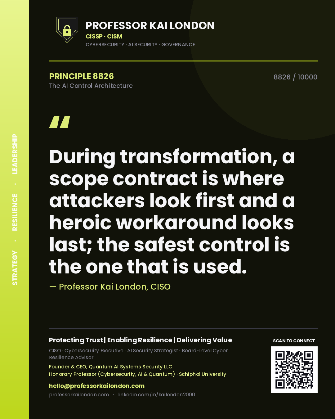 Professor Kai London principle 8826: During transformation, a scope contract is where attackers look first and a heroic workaround looks last; the safest control is the one that is used.