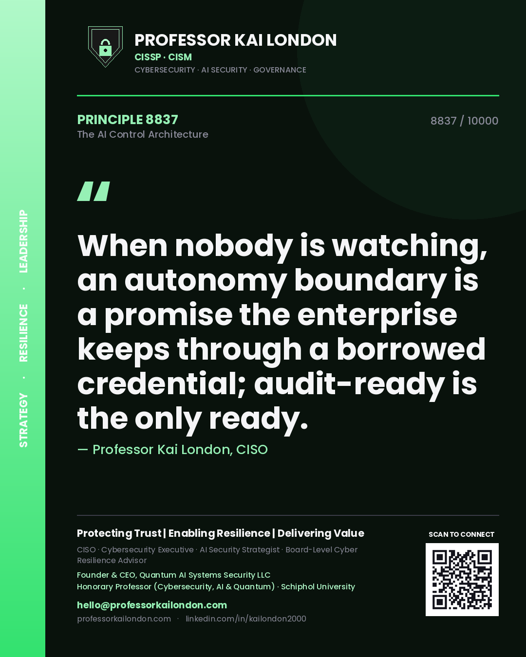 Professor Kai London principle 8837: When nobody is watching, an autonomy boundary is a promise the enterprise keeps through a borrowed credential; audit-ready is the only ready.