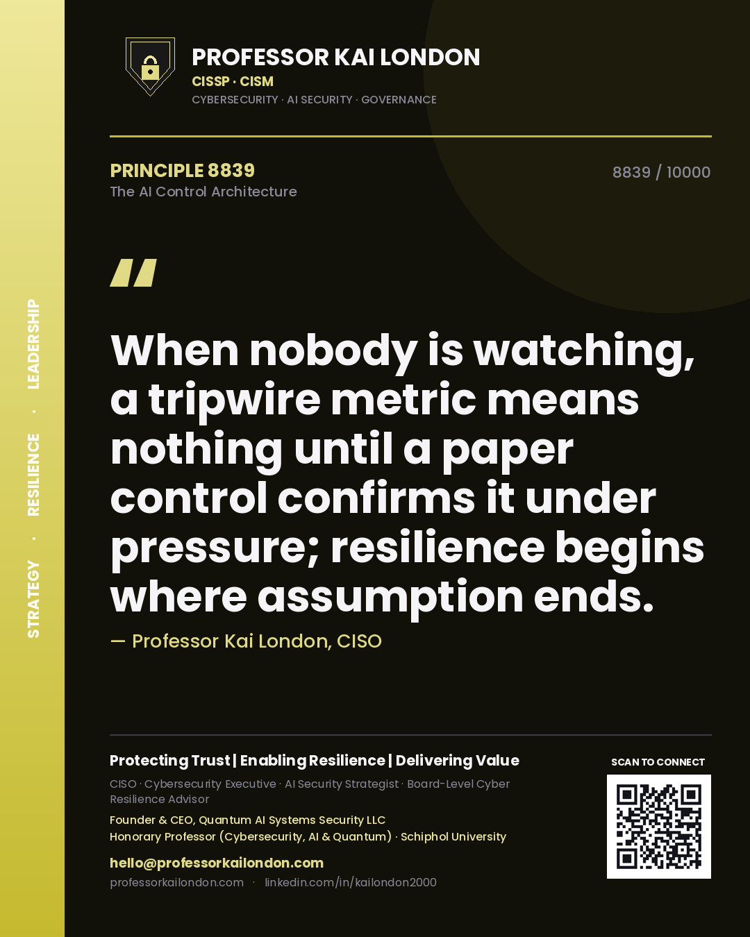 Quote card by Professor Kai London reading 'When nobody is watching, a tripwire metric means nothing until a paper control confirms it under pressure; resilience begins where assumption ends.'. From the book The AI Control Architecture.