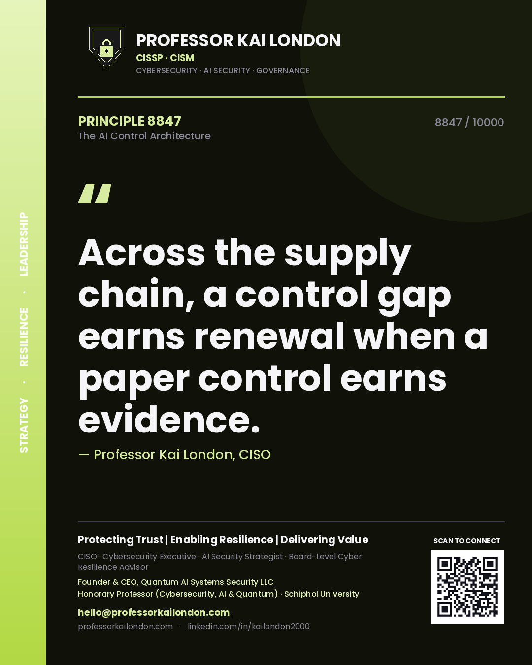 Quote card by Professor Kai London reading 'Across the supply chain, a control gap earns renewal when a paper control earns evidence.'. From the book The AI Control Architecture.
