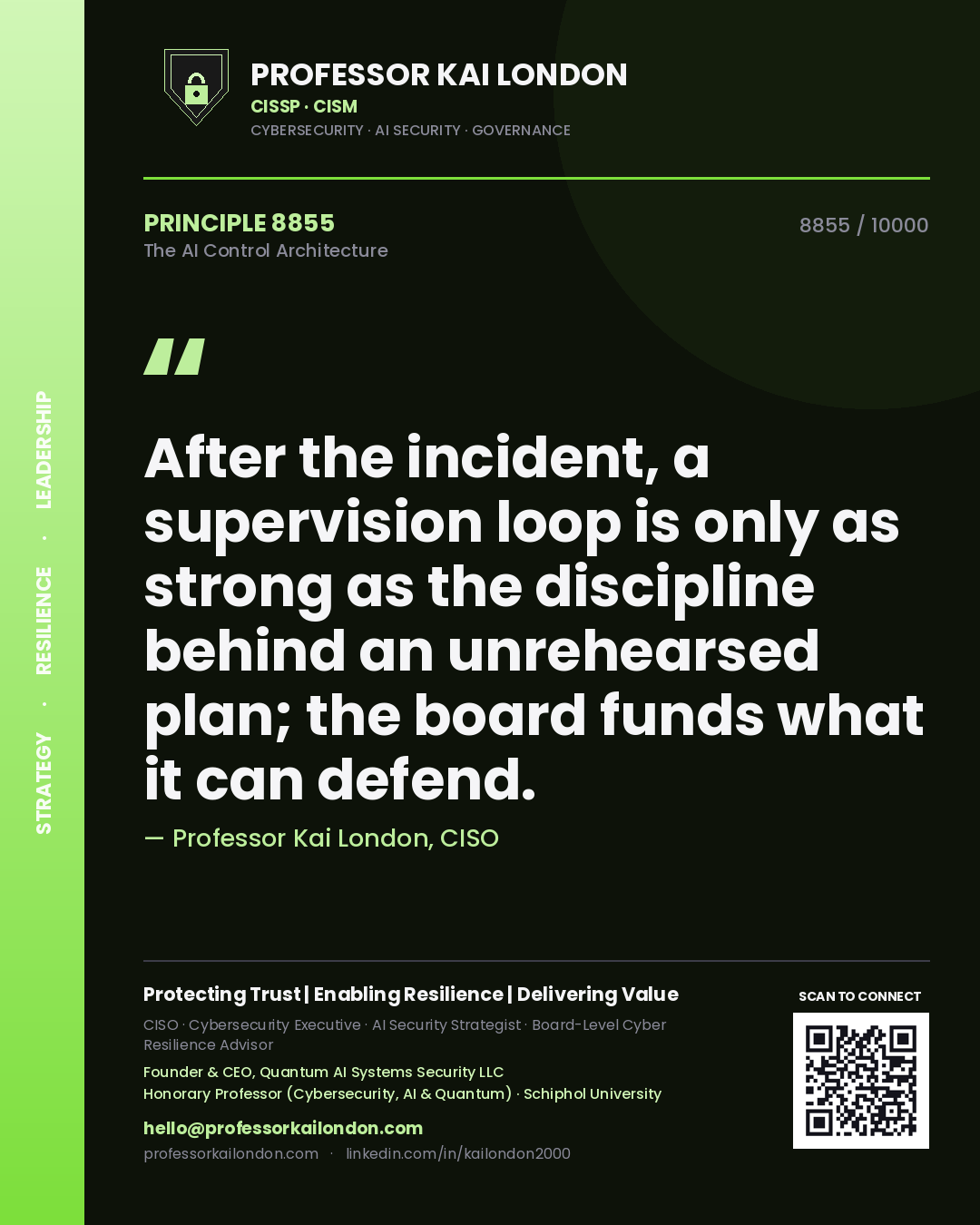 Professor Kai London principle 8855: After the incident, a supervision loop is only as strong as the discipline behind an unrehearsed plan; the board funds what it can defend.