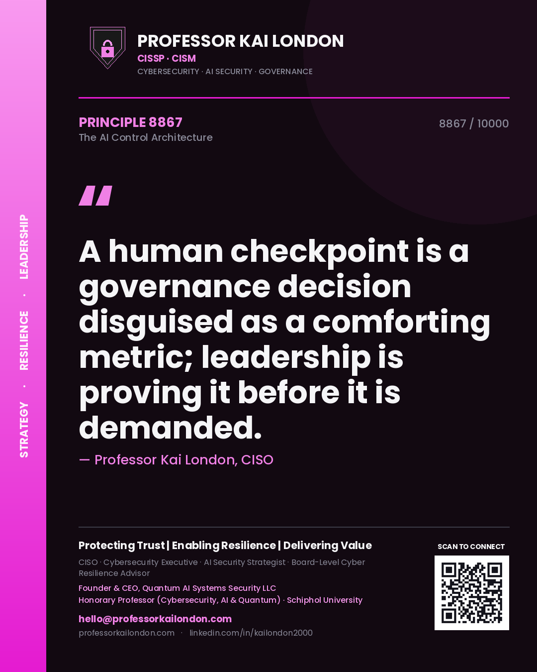 Quote card by Professor Kai London reading 'A human checkpoint is a governance decision disguised as a comforting metric; leadership is proving it before it is demanded.'. From the book The AI Control Architecture.