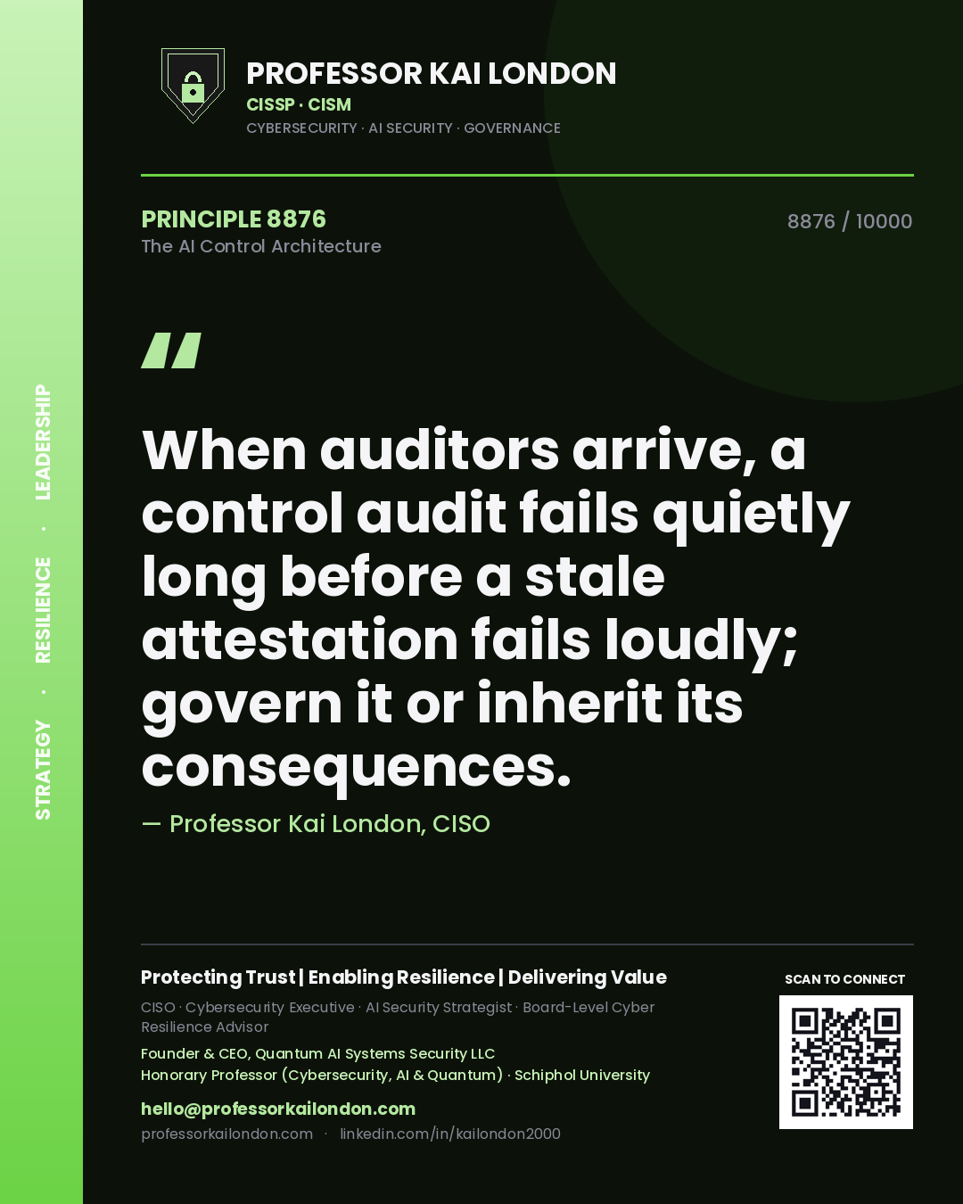 Quote card by Professor Kai London reading 'When auditors arrive, a control audit fails quietly long before a stale attestation fails loudly; govern it or inherit its consequences.'. From the book The AI Control Architecture.