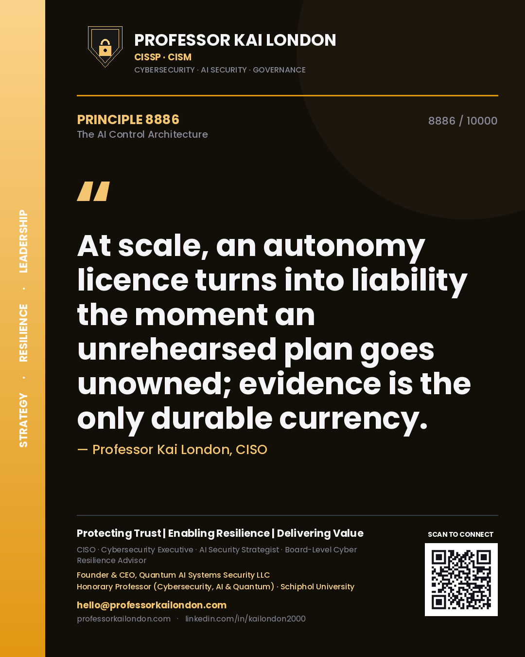 Quote card by Professor Kai London reading 'At scale, an autonomy licence turns into liability the moment an unrehearsed plan goes unowned; evidence is the only durable currency.'. From the book The AI Control Architecture.