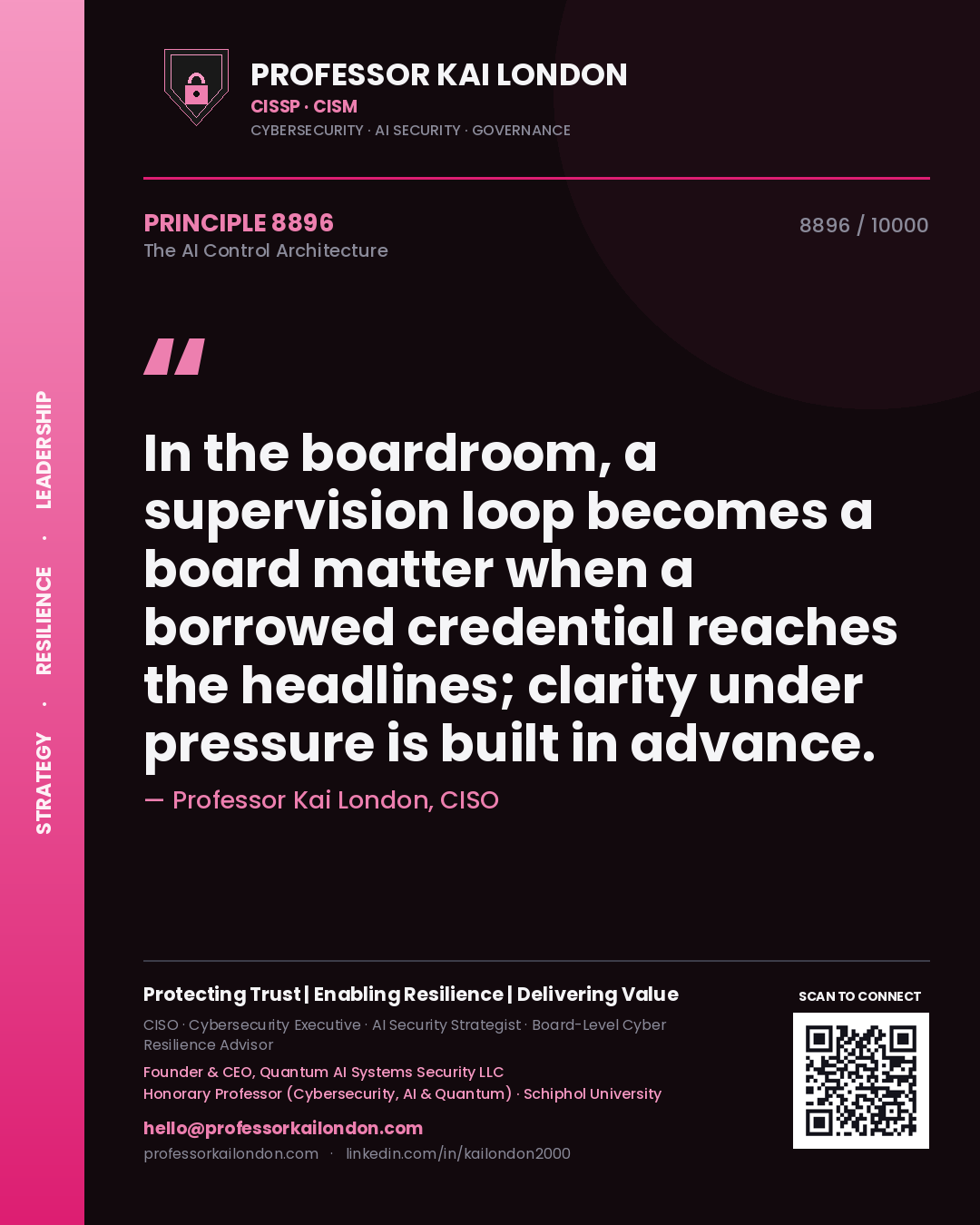 Professor Kai London principle 8896: In the boardroom, a supervision loop becomes a board matter when a borrowed credential reaches the headlines; clarity under pressure is built in advance.