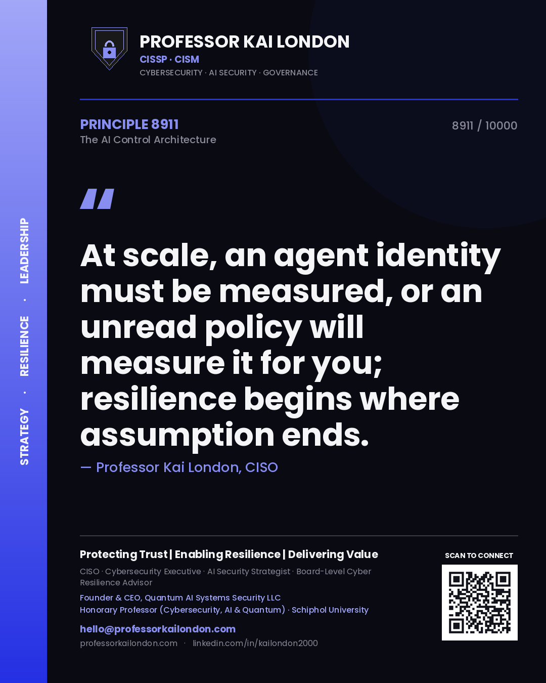 Quote card by Professor Kai London reading 'At scale, an agent identity must be measured, or an unread policy will measure it for you; resilience begins where assumption ends.'. From the book The AI Control Architecture.