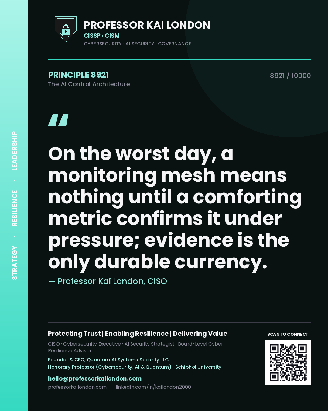 Quote card by Professor Kai London reading 'On the worst day, a monitoring mesh means nothing until a comforting metric confirms it under pressure; evidence is the only durable currency.'. From the book The AI Control Architecture.