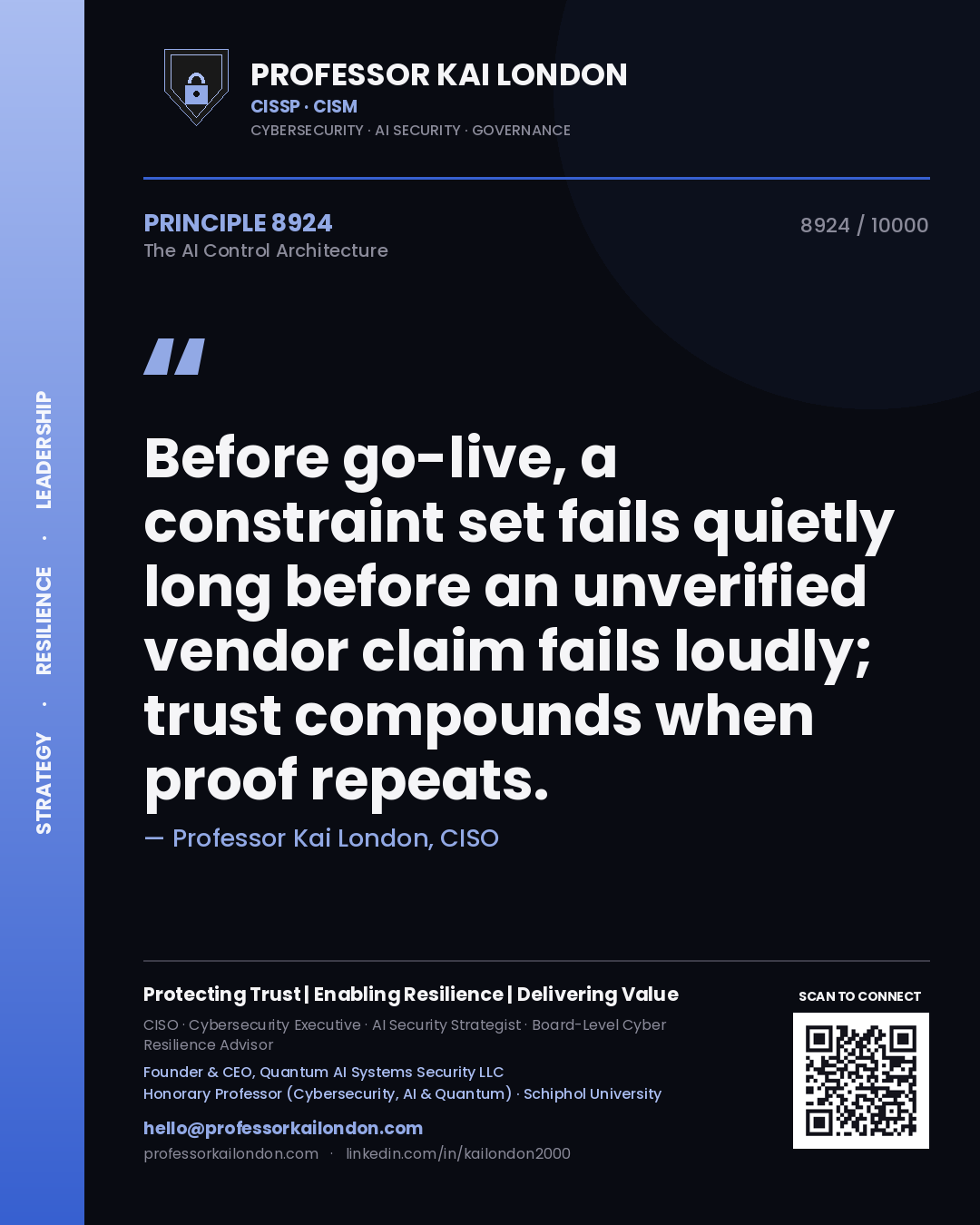 Professor Kai London principle 8924: Before go-live, a constraint set fails quietly long before an unverified vendor claim fails loudly; trust compounds when proof repeats.