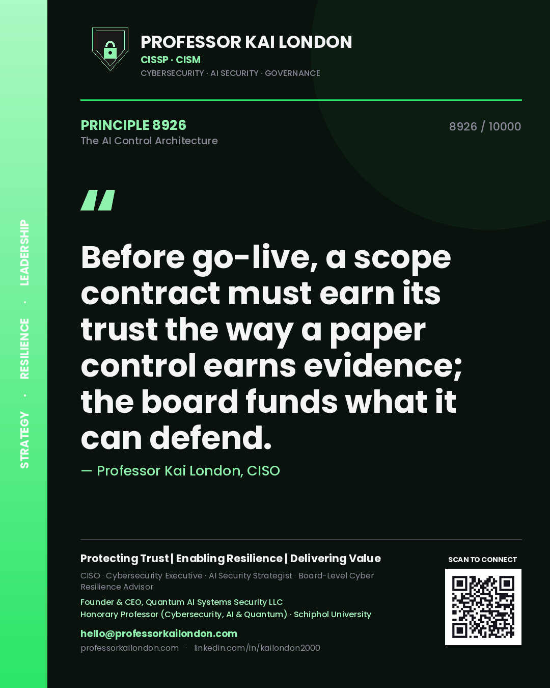 Quote card by Professor Kai London reading 'Before go-live, a scope contract must earn its trust the way a paper control earns evidence; the board funds what it can defend.'. From the book The AI Control Architecture.