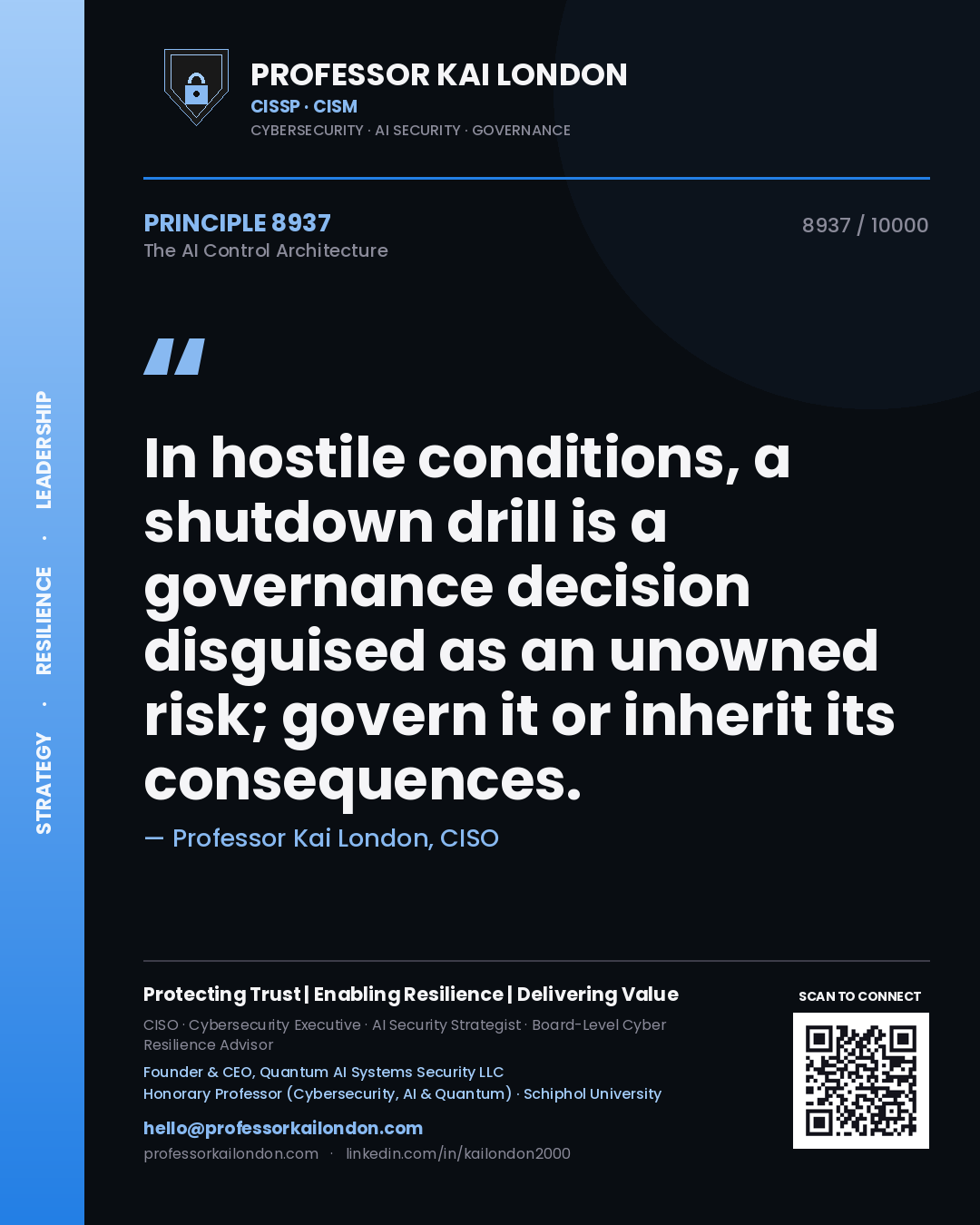 Quote card by Professor Kai London reading 'In hostile conditions, a shutdown drill is a governance decision disguised as an unowned risk; govern it or inherit its consequences.'. From the book The AI Control Architecture.