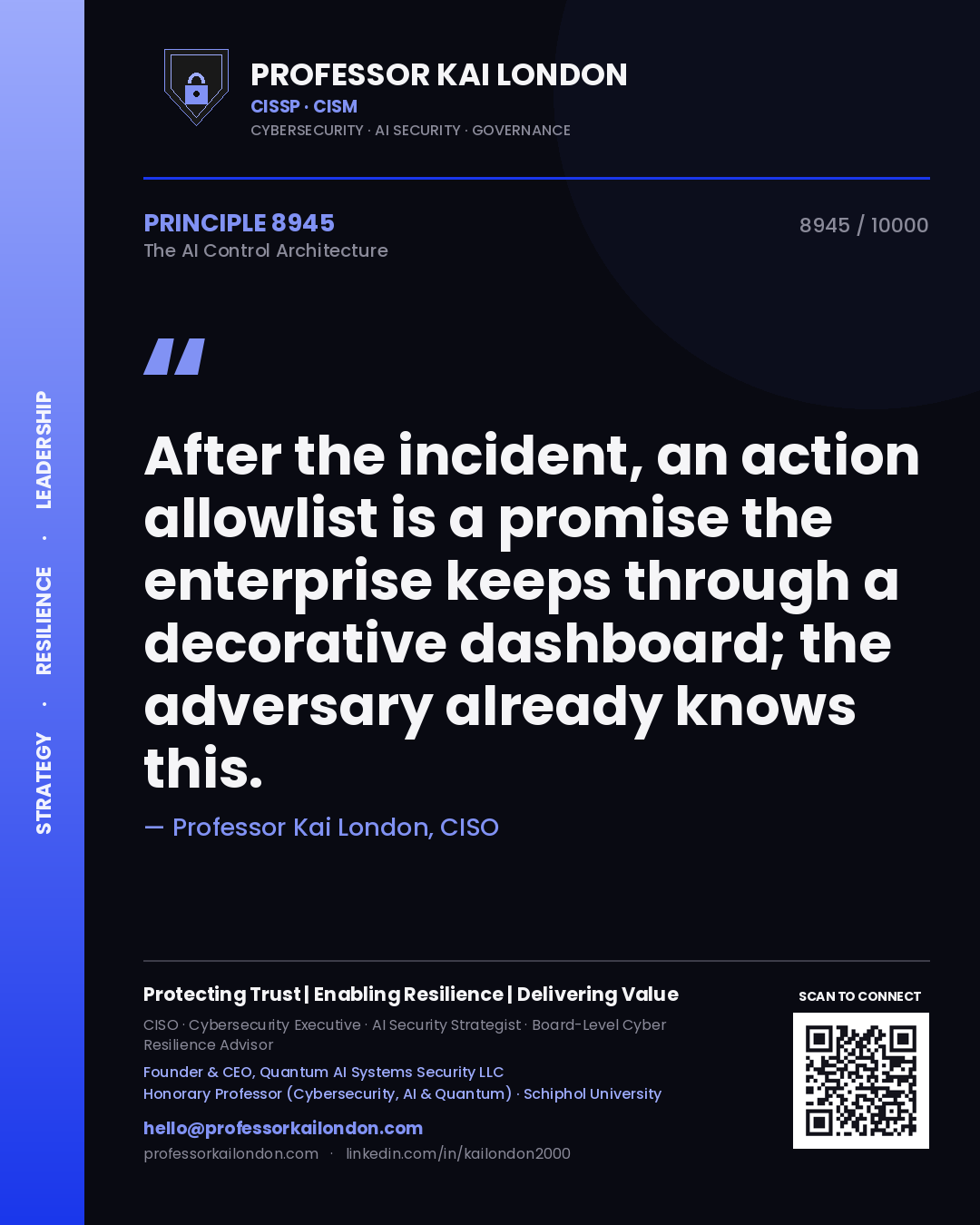 Professor Kai London principle 8945: After the incident, an action allowlist is a promise the enterprise keeps through a decorative dashboard; the adversary already knows this.