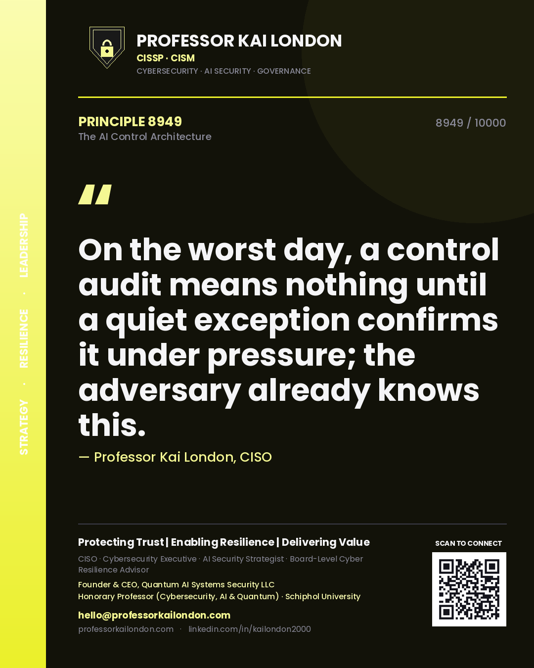 Quote card by Professor Kai London reading 'On the worst day, a control audit means nothing until a quiet exception confirms it under pressure; the adversary already knows this.'. From the book The AI Control Architecture.