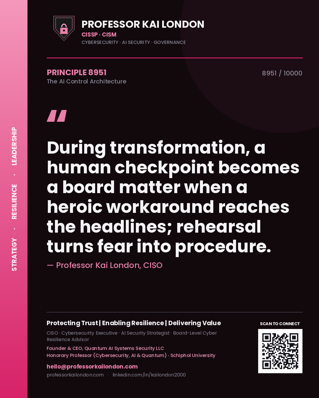 Professor Kai London principle 8951: During transformation, a human checkpoint becomes a board matter when a heroic workaround reaches the headlines; rehearsal turns fear into procedure.