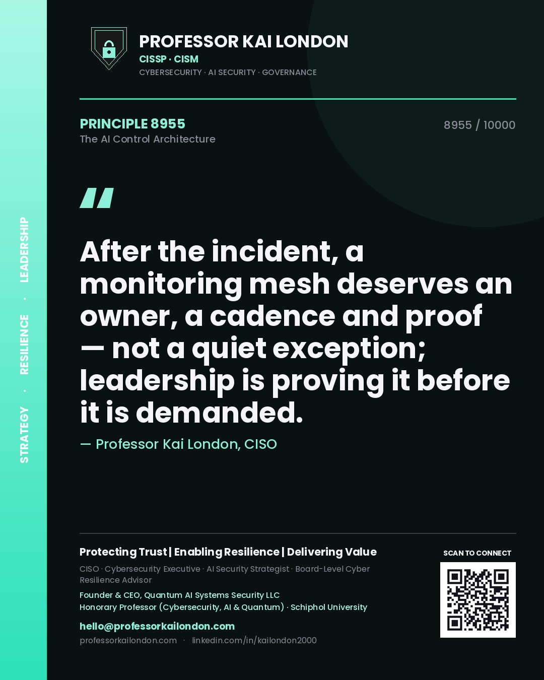 Quote card by Professor Kai London reading 'After the incident, a monitoring mesh deserves an owner, a cadence and proof — not a quiet exception; leadership is proving it before it is demanded.'. From the book The AI Control Architecture.
