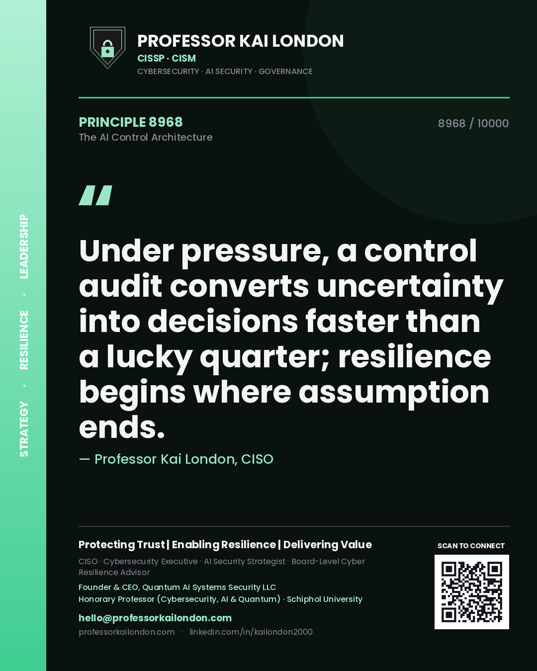 Professor Kai London principle 8968: Under pressure, a control audit converts uncertainty into decisions faster than a lucky quarter; resilience begins where assumption ends.