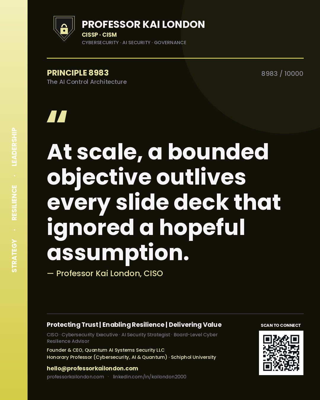 Quote card by Professor Kai London reading 'At scale, a bounded objective outlives every slide deck that ignored a hopeful assumption.'. From the book The AI Control Architecture.