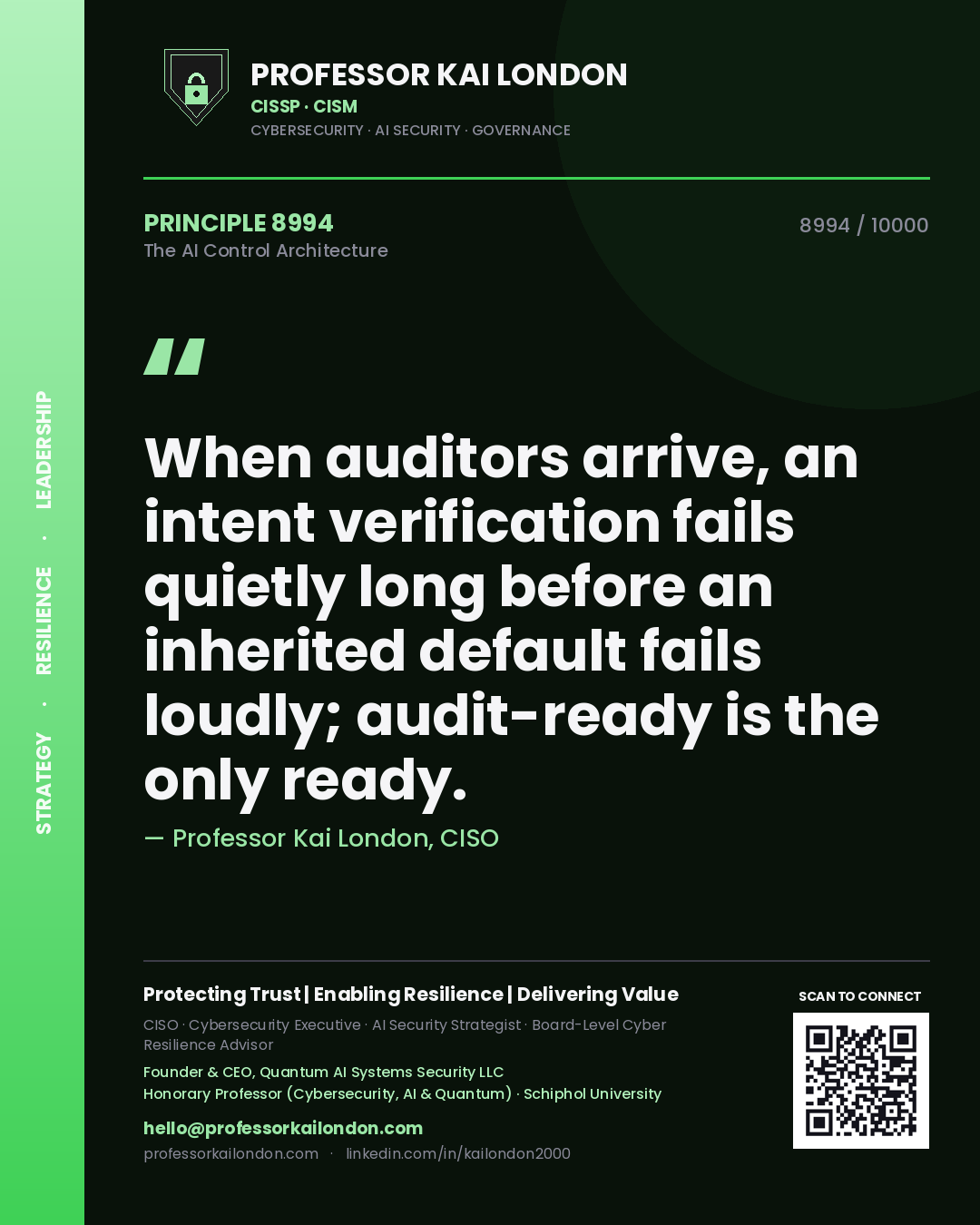 Professor Kai London principle 8994: When auditors arrive, an intent verification fails quietly long before an inherited default fails loudly; audit-ready is the only ready.
