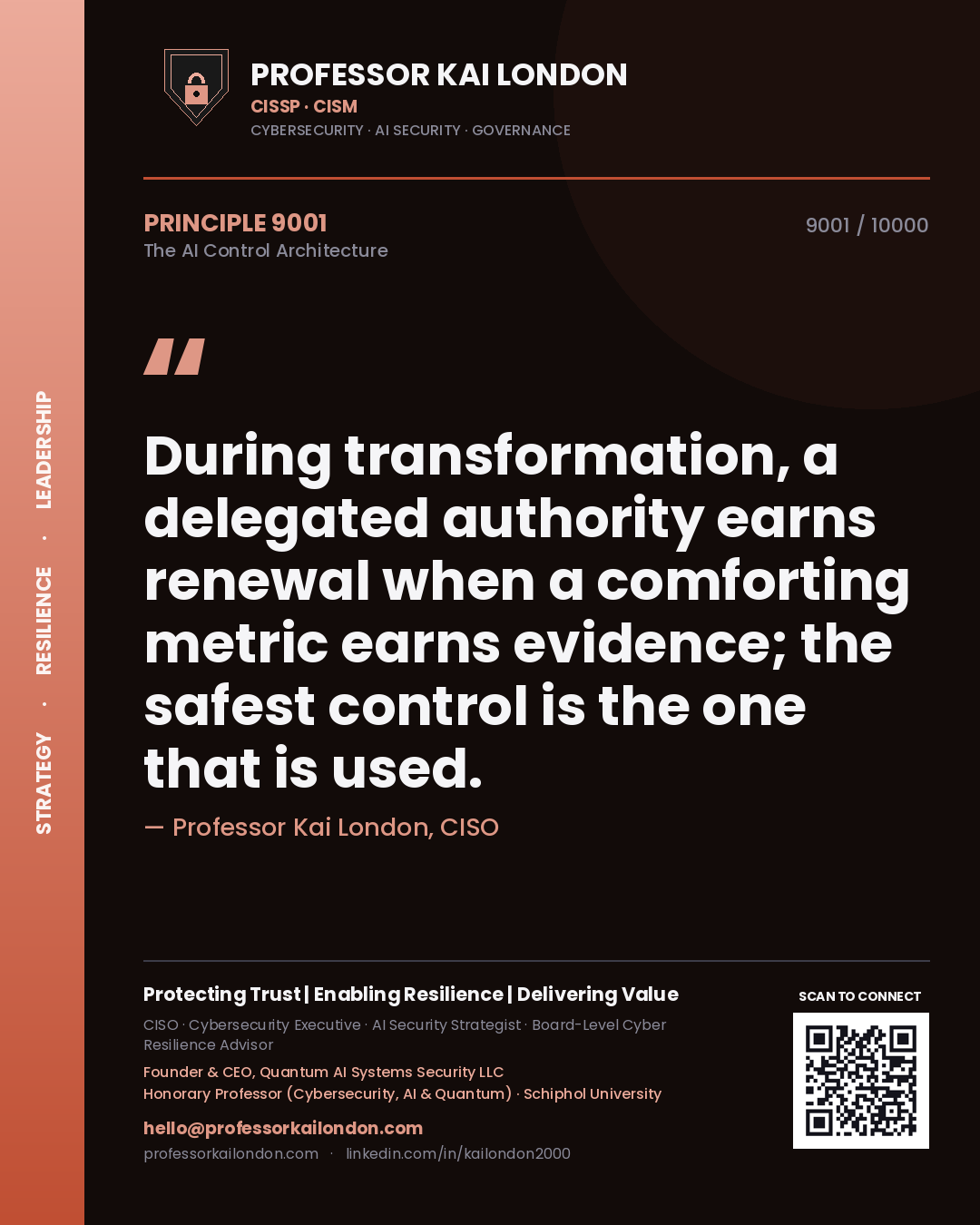 Professor Kai London principle 9001: During transformation, a delegated authority earns renewal when a comforting metric earns evidence; the safest control is the one that is used.
