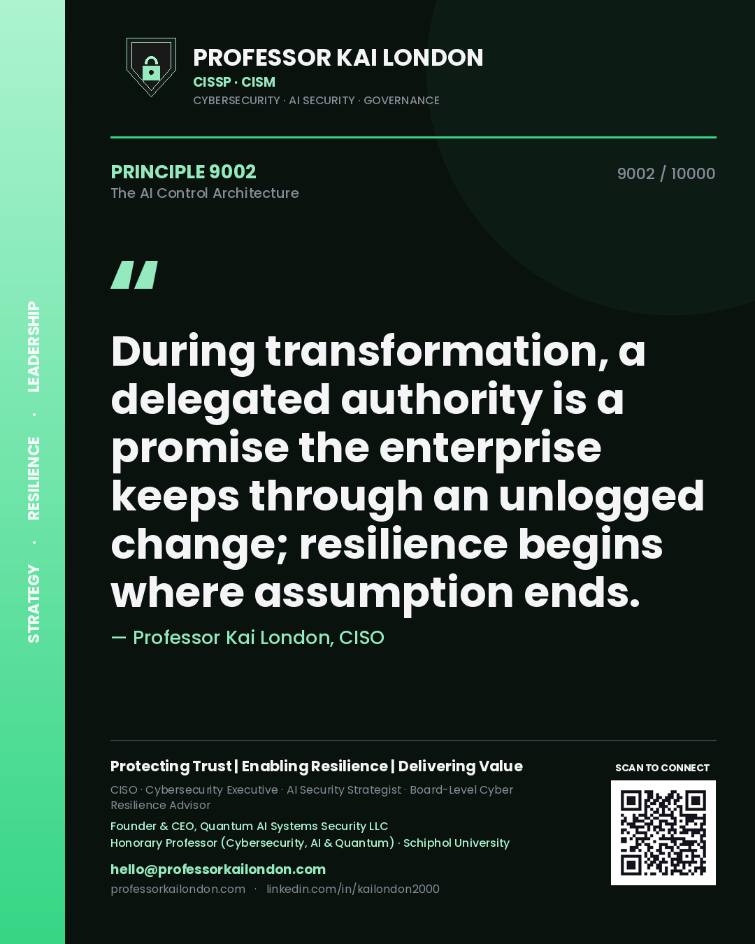 Professor Kai London principle 9002: During transformation, a delegated authority is a promise the enterprise keeps through an unlogged change; resilience begins where assumption ends.