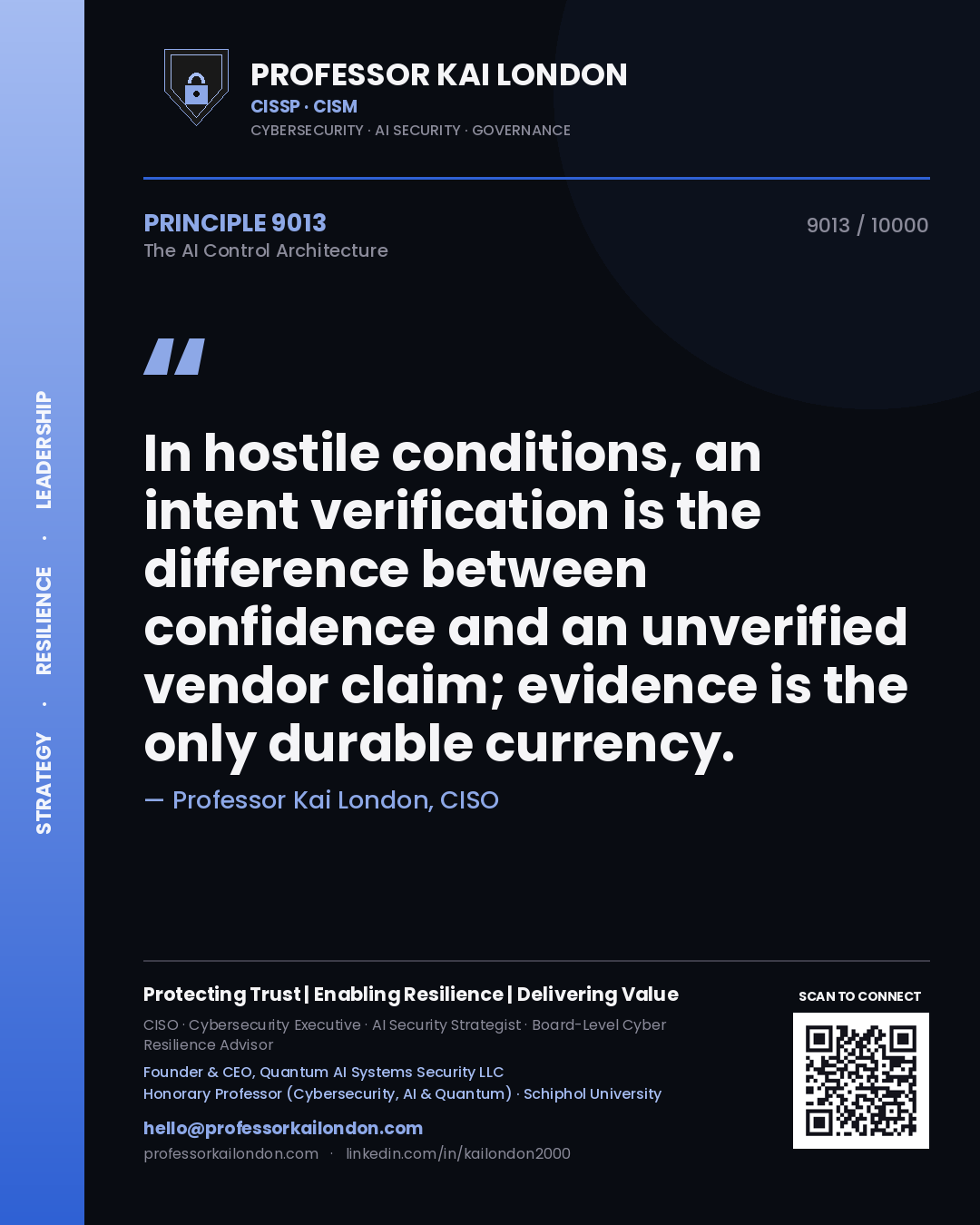 Quote card by Professor Kai London reading 'In hostile conditions, an intent verification is the difference between confidence and an unverified vendor claim; evidence is the only durable currency.'. From the book The AI Control Architecture.