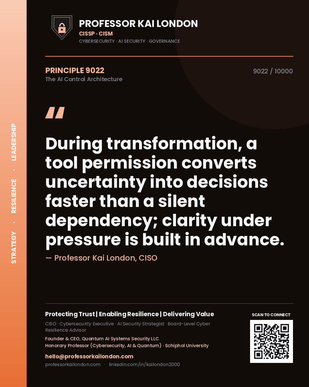 Professor Kai London principle 9022: During transformation, a tool permission converts uncertainty into decisions faster than a silent dependency; clarity under pressure is built in advance.