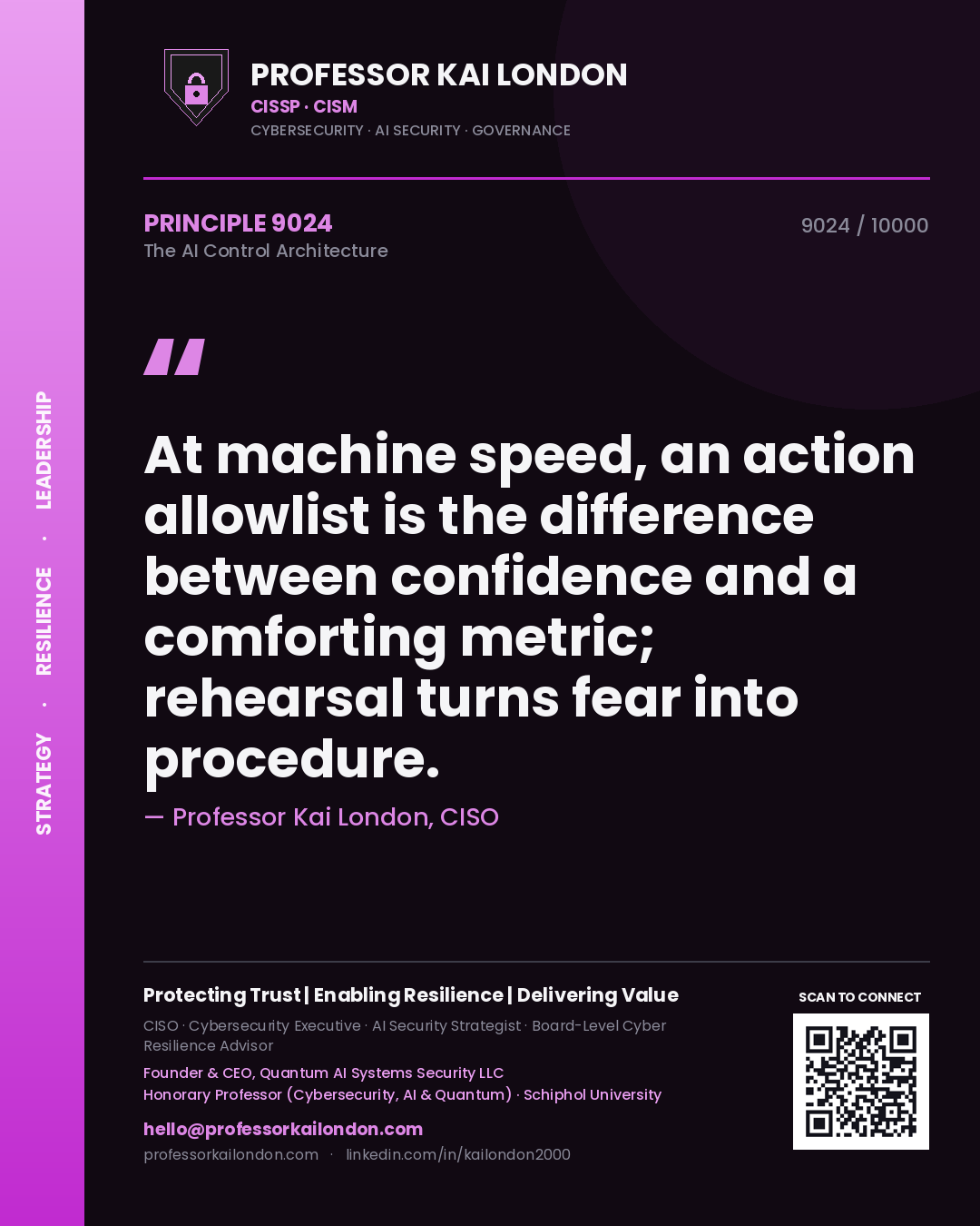 Quote card by Professor Kai London reading 'At machine speed, an action allowlist is the difference between confidence and a comforting metric; rehearsal turns fear into procedure.'. From the book The AI Control Architecture.