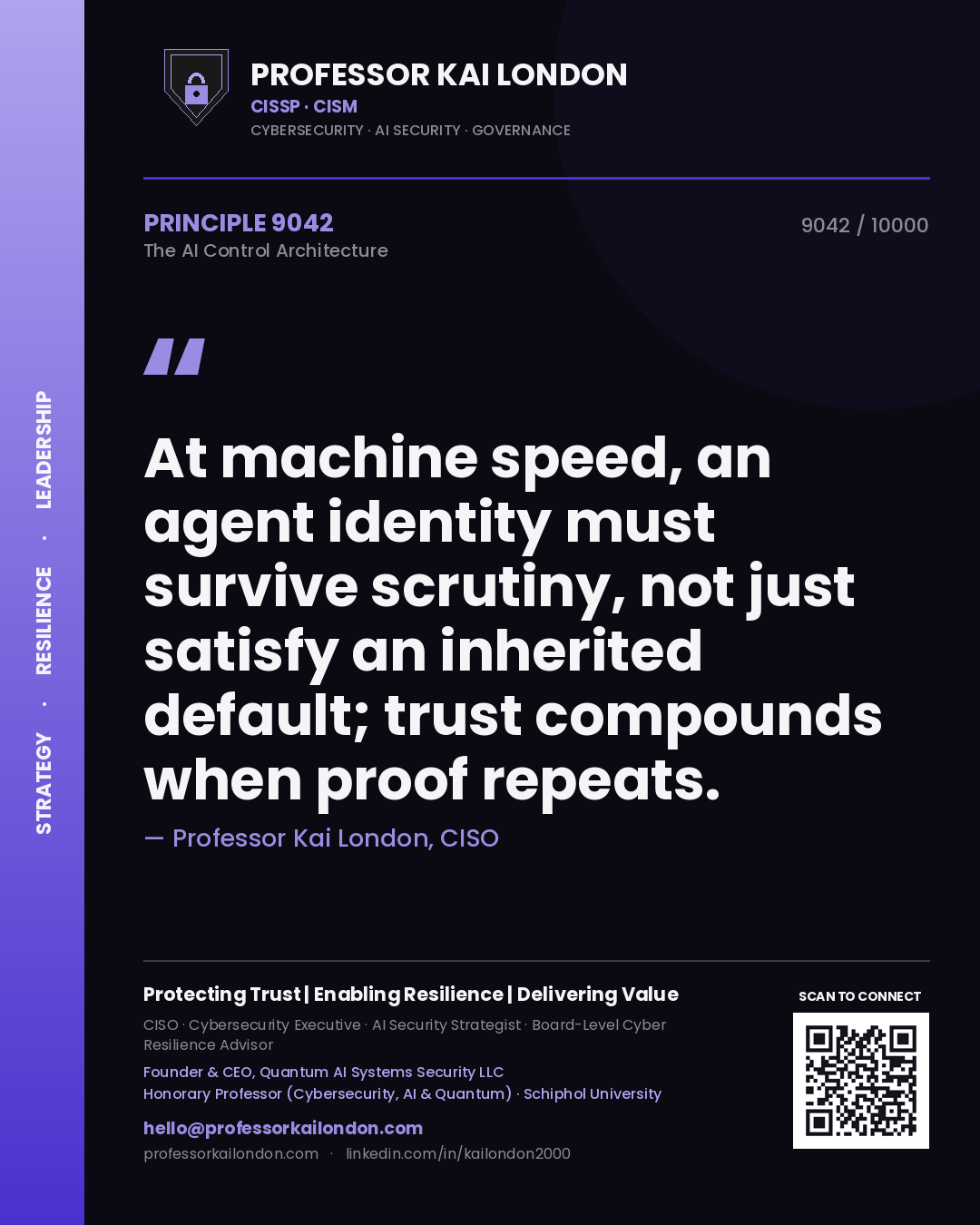 Professor Kai London principle 9042: At machine speed, an agent identity must survive scrutiny, not just satisfy an inherited default; trust compounds when proof repeats.