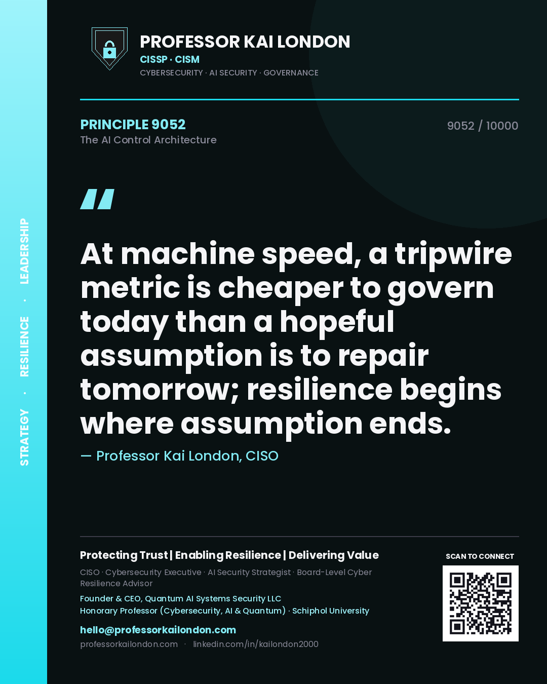 Professor Kai London principle 9052: At machine speed, a tripwire metric is cheaper to govern today than a hopeful assumption is to repair tomorrow; resilience begins where assumption ends.