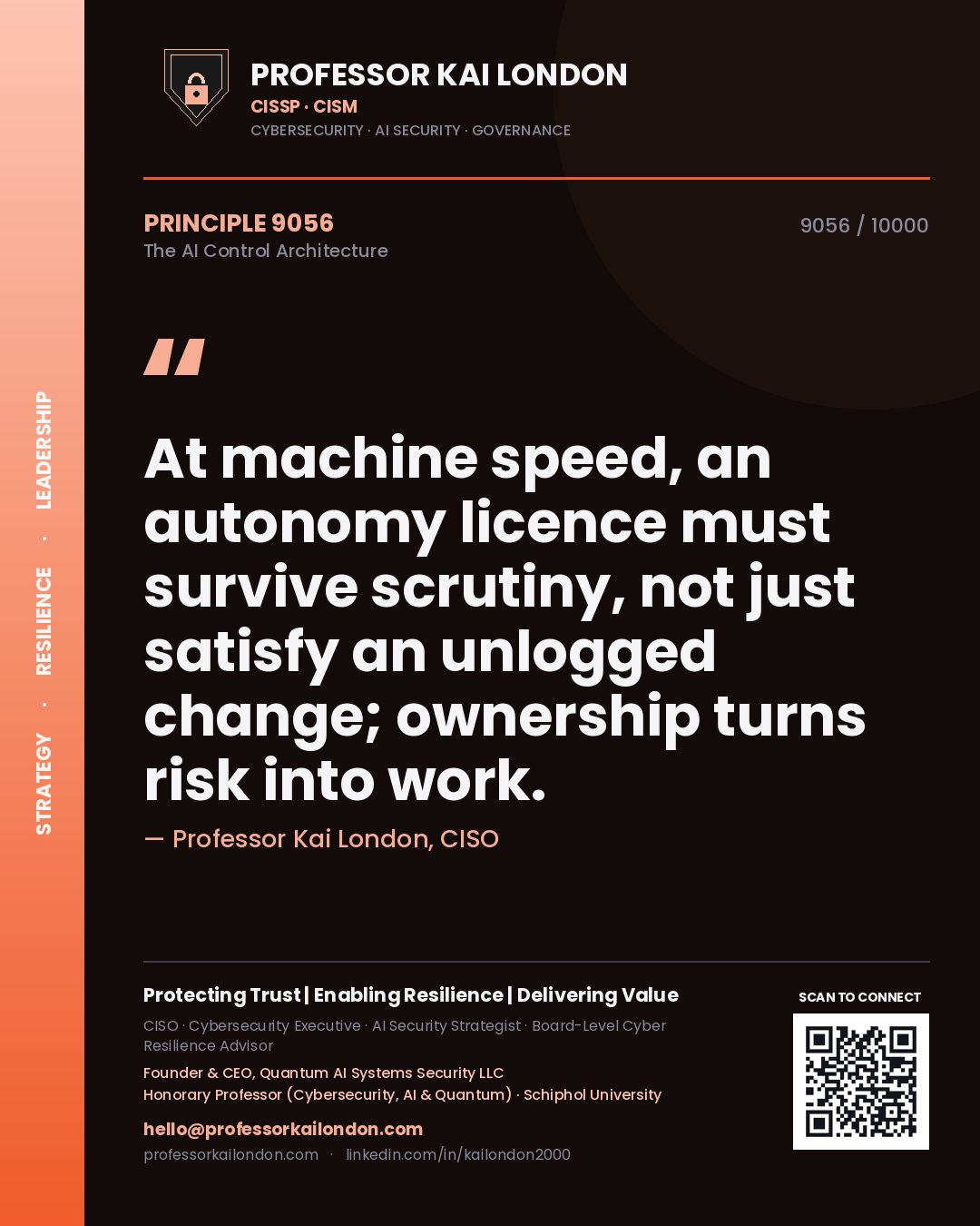 Quote card by Professor Kai London reading 'At machine speed, an autonomy licence must survive scrutiny, not just satisfy an unlogged change; ownership turns risk into work.'. From the book The AI Control Architecture.
