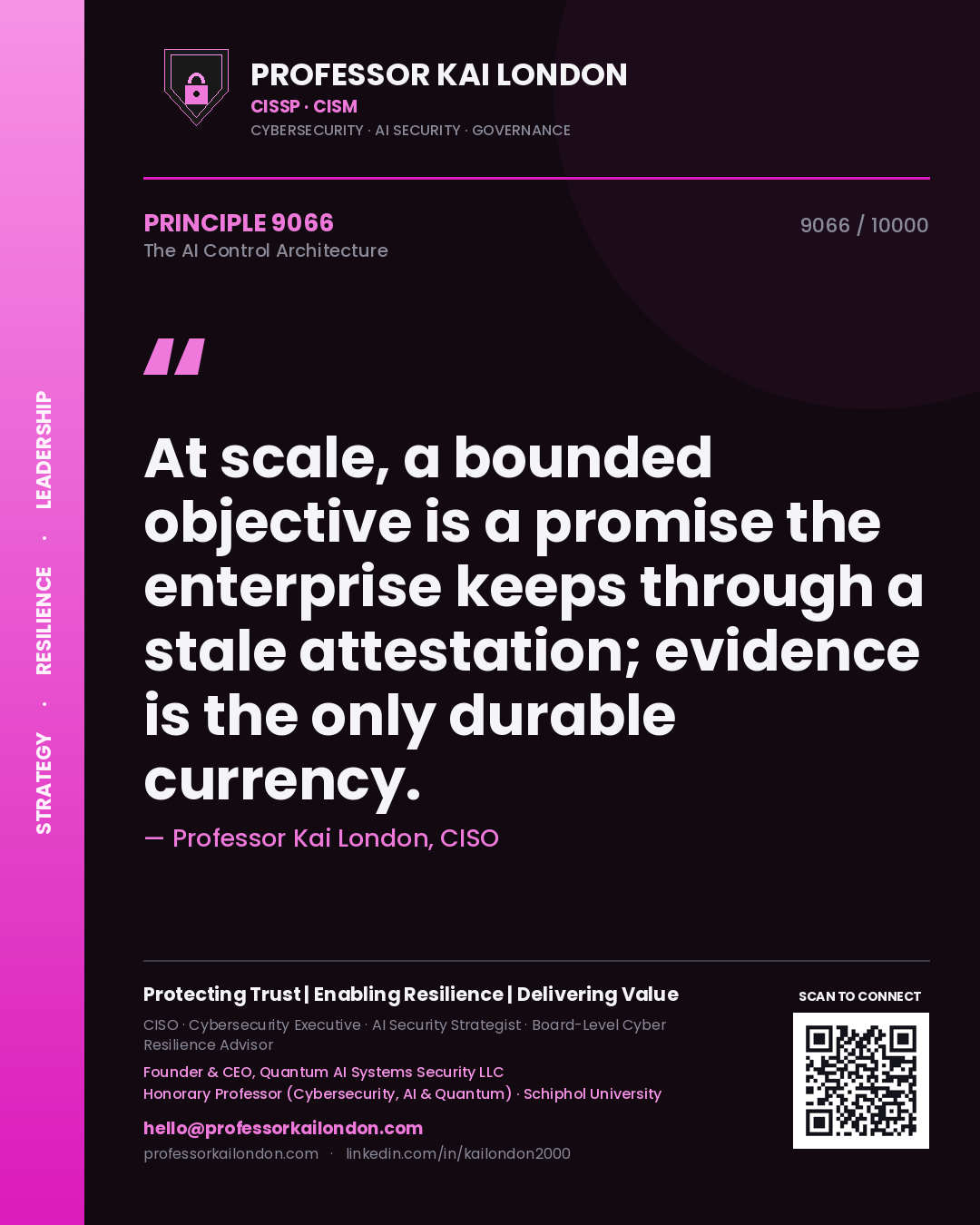 Professor Kai London principle 9066: At scale, a bounded objective is a promise the enterprise keeps through a stale attestation; evidence is the only durable currency.