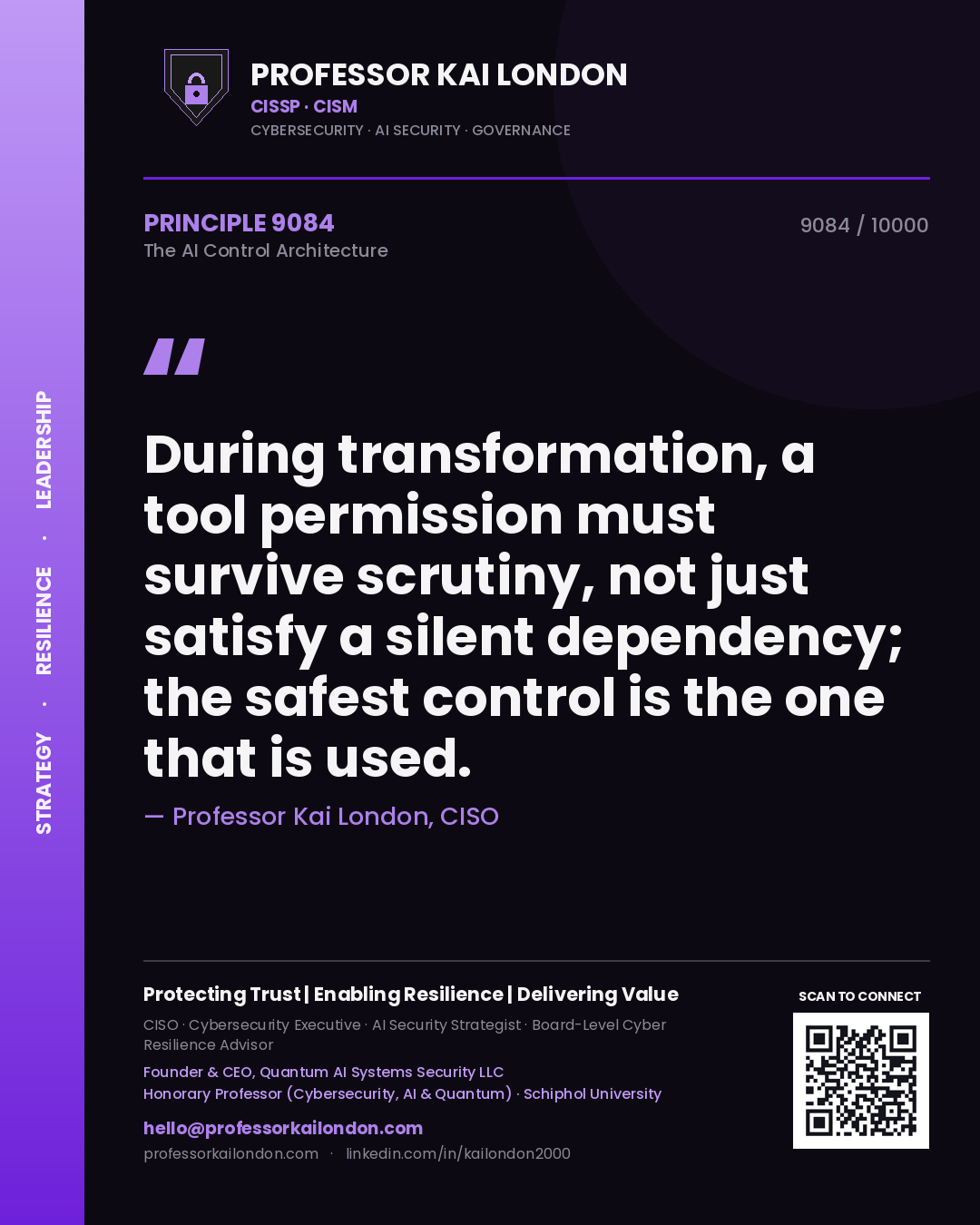 Quote card by Professor Kai London reading 'During transformation, a tool permission must survive scrutiny, not just satisfy a silent dependency; the safest control is the one that is used.'. From the book The AI Control Architecture.