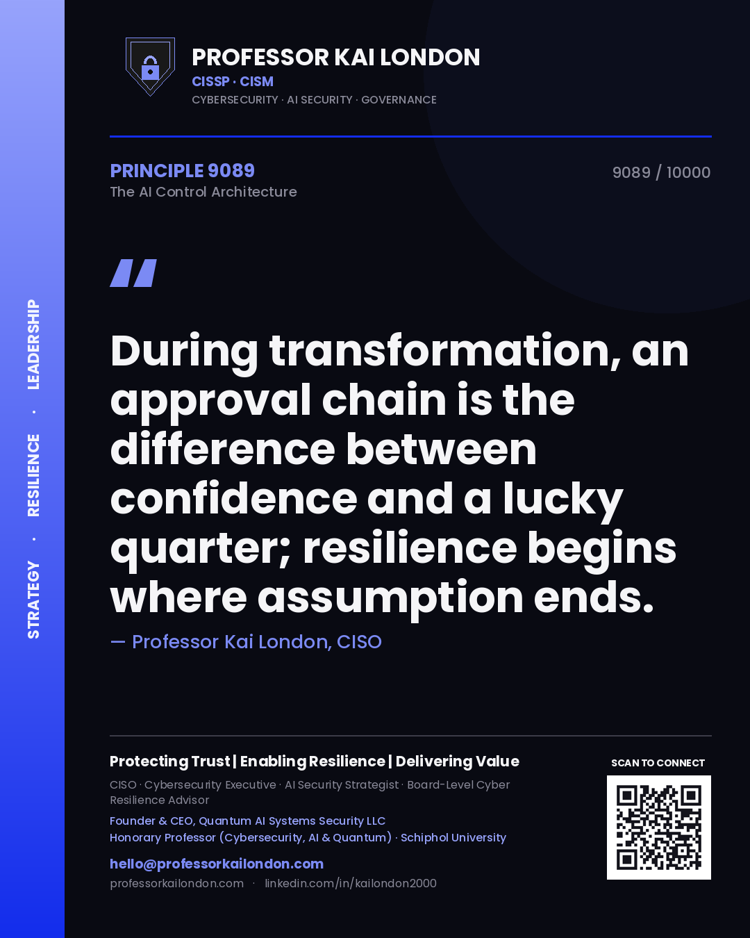 Professor Kai London principle 9089: During transformation, an approval chain is the difference between confidence and a lucky quarter; resilience begins where assumption ends.